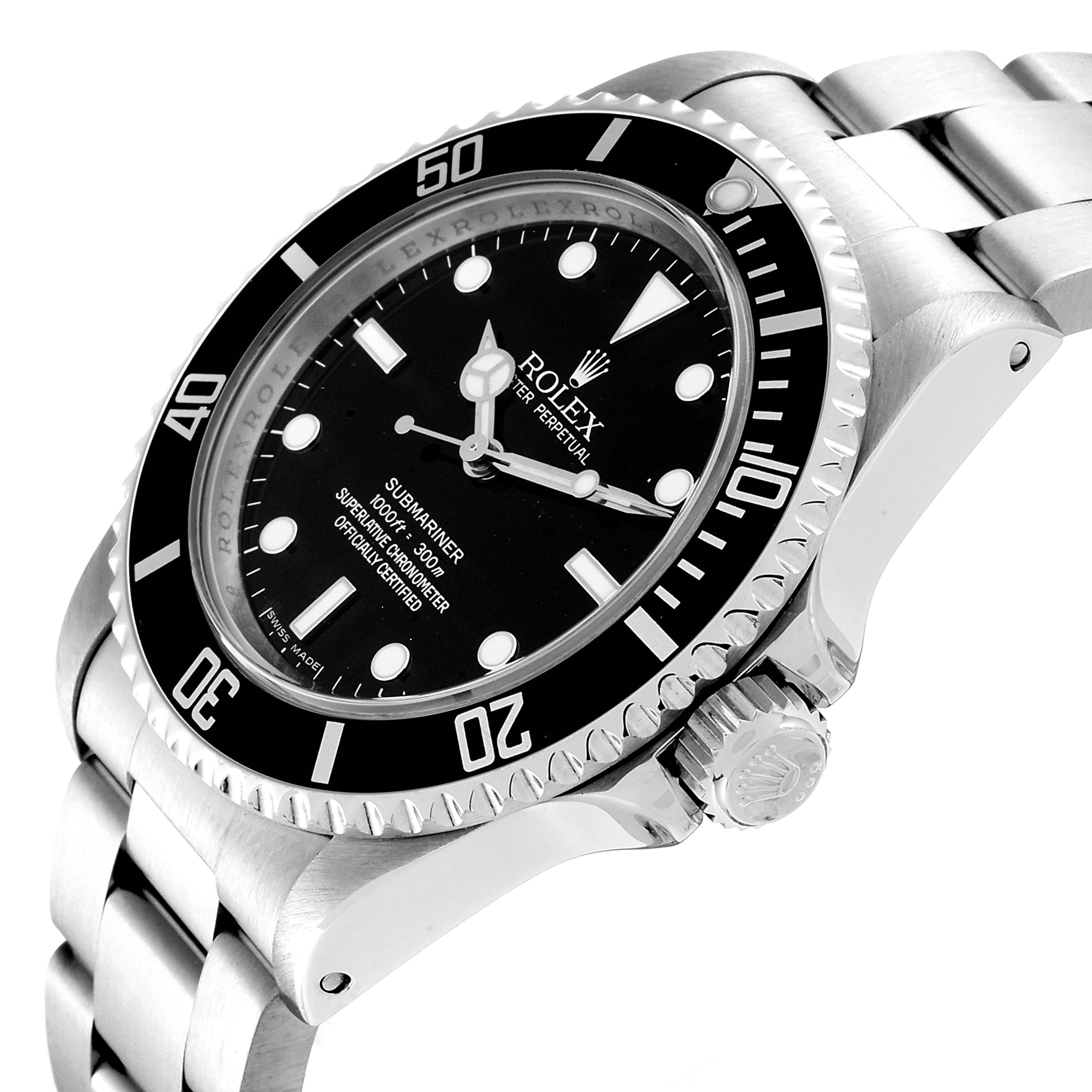 The image shows a side angle of the Rolex Submariner 14060 Men's Stainless Steel Black Dial 14060 Men's Stainless Steel Black Dial, highlighting the dial, bezel, crown, and part of the bracelet.