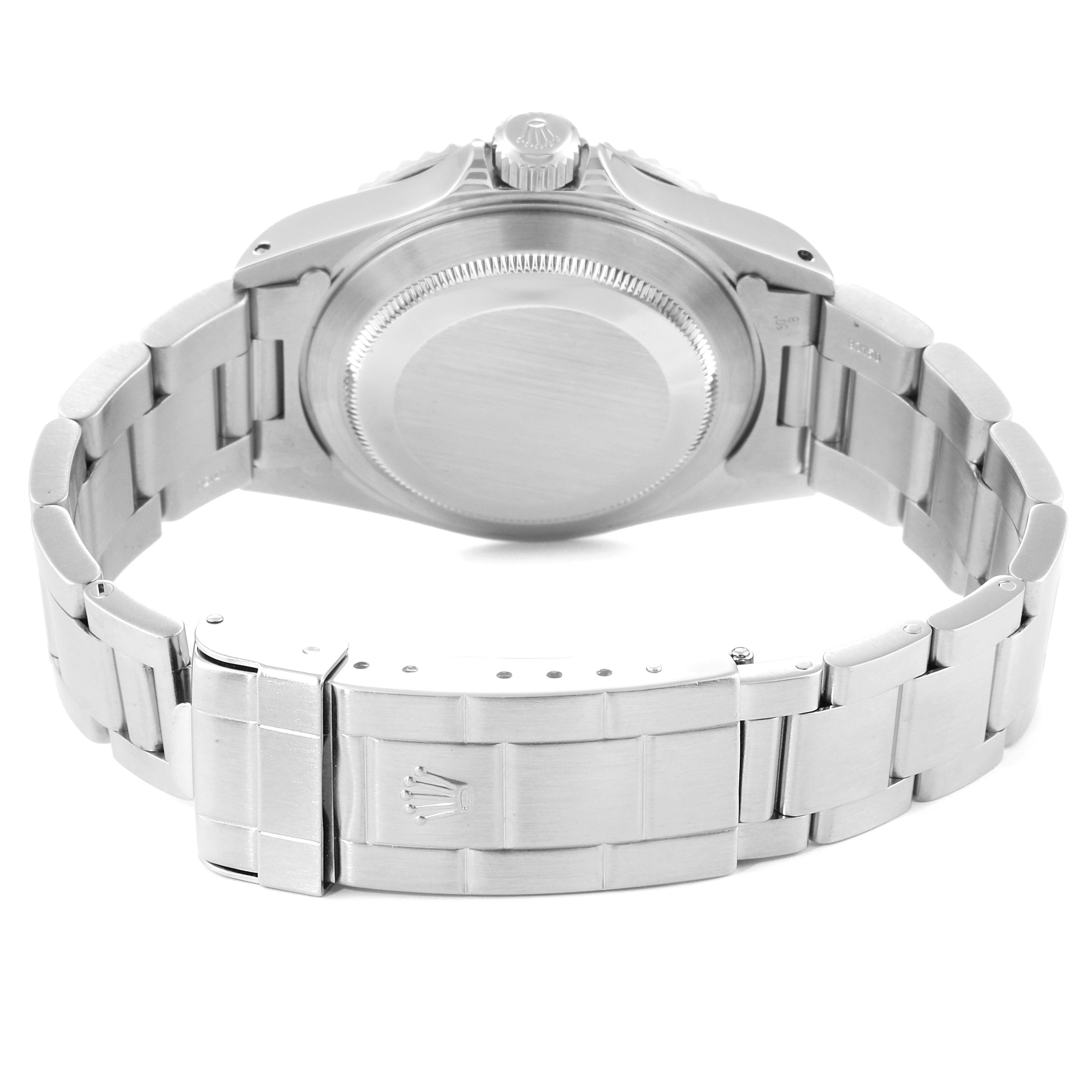 This image shows the back and clasp of a Rolex Submariner 14060 Men
s Stainless Steel Black Dial 14060 Men
s Stainless Steel Black Dial watch from a rear angle.