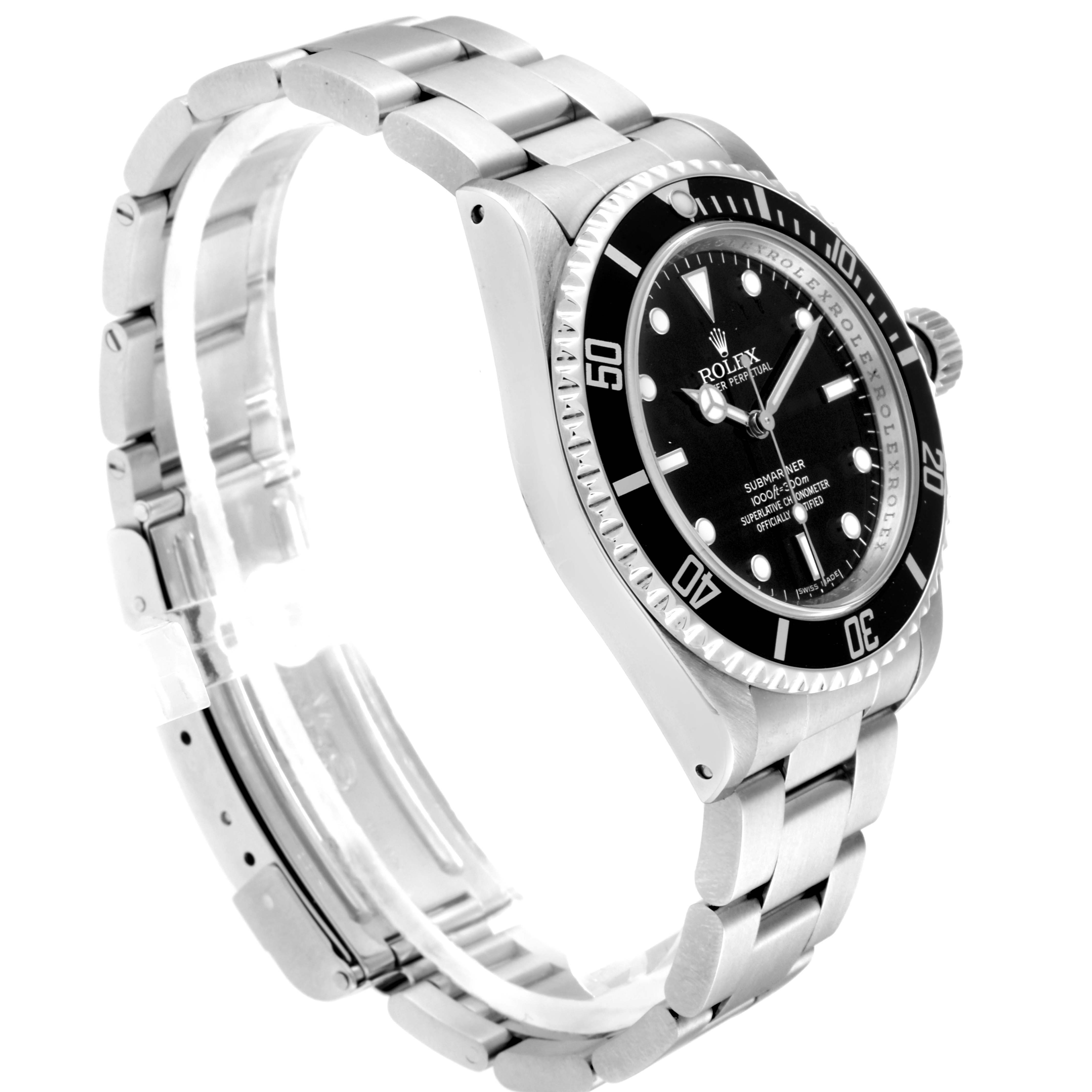 The image shows a side angle of the Rolex Submariner 14060 Men
s Stainless Steel Black Dial 14060 Men
s Stainless Steel Black Dial, highlighting the stainless steel bracelet, dial, bezel, and case.