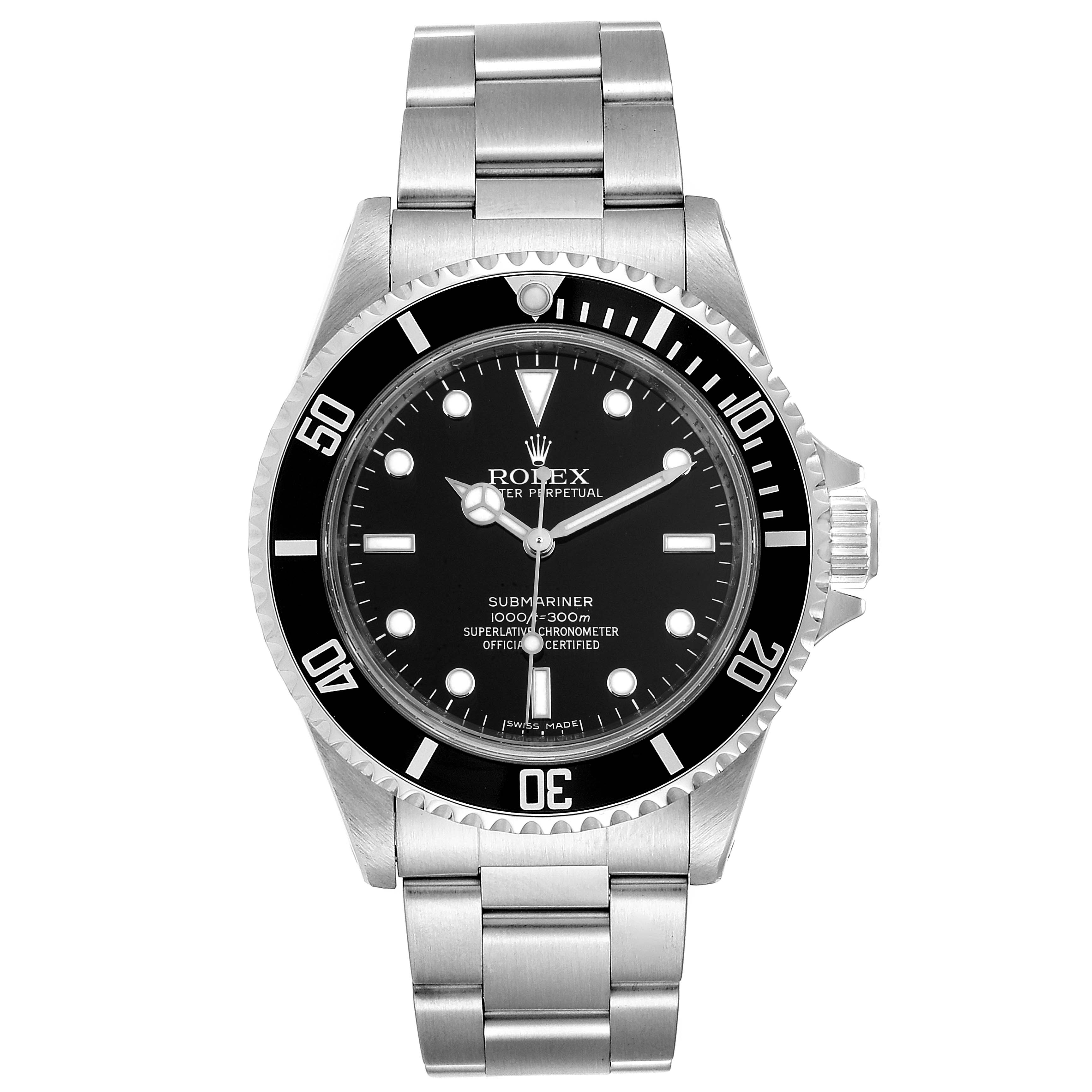 This image shows a front view of the Rolex Submariner 14060 Men
s Stainless Steel Black Dial 14060 Men
s Stainless Steel Black Dial watch, featuring the full face, bezel, and stainless steel bracelet.