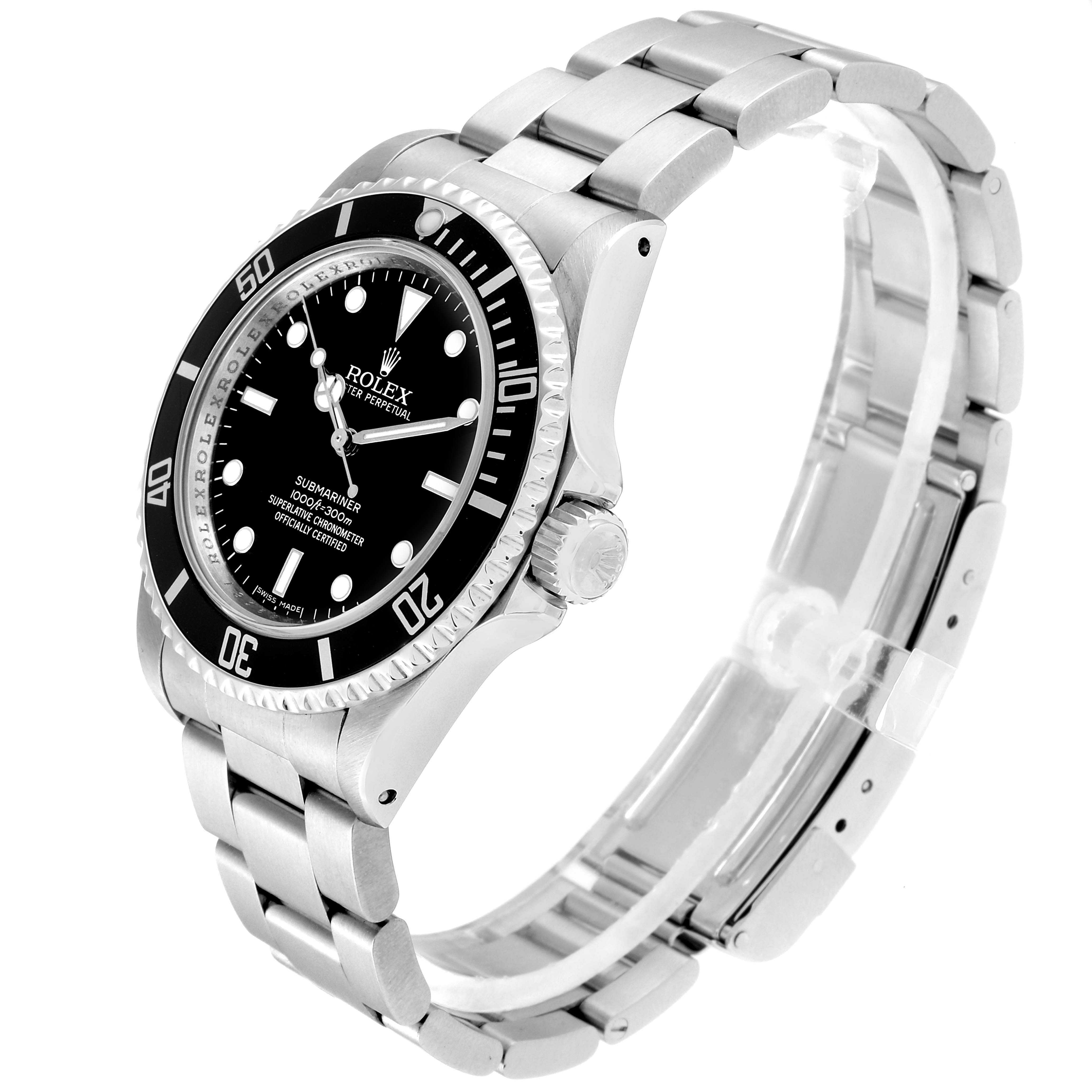 The image shows a side and angled view of the Rolex Submariner 14060 Men
s Stainless Steel Black Dial 14060 Men
s Stainless Steel Black Dial watch, highlighting its black dial, bezel, and metal bracelet.