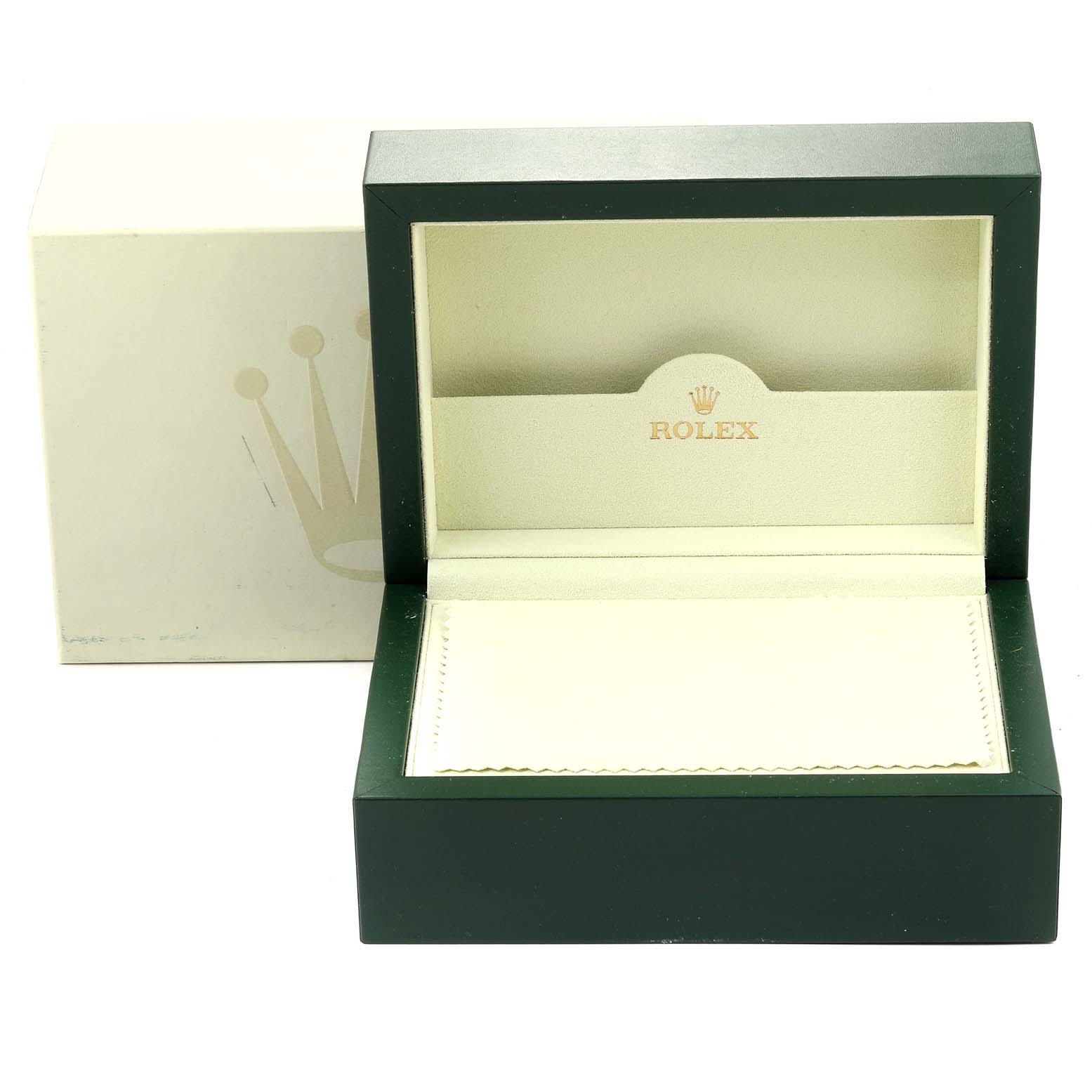 This image shows an open Rolex Submariner 14060 Men
s Stainless Steel Black Dial 14060 Men
s Stainless Steel Black Dial watch box and its outer packaging, both displayed frontally.