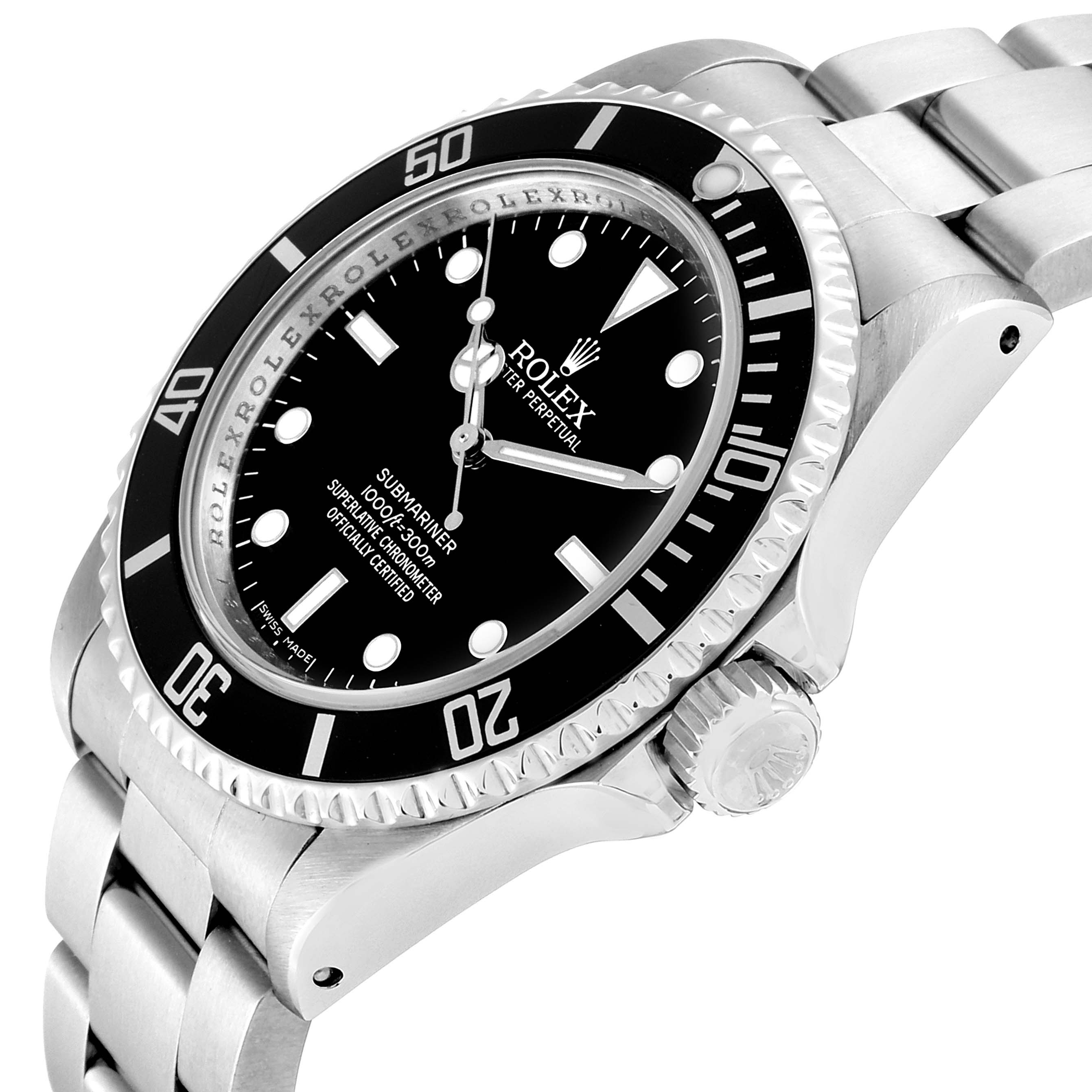 The Rolex Submariner 14060 Men
s Stainless Steel Black Dial 14060 Men
s Stainless Steel Black Dial watch is shown at an oblique angle, highlighting the face, bezel, crown, and part of the bracelet.