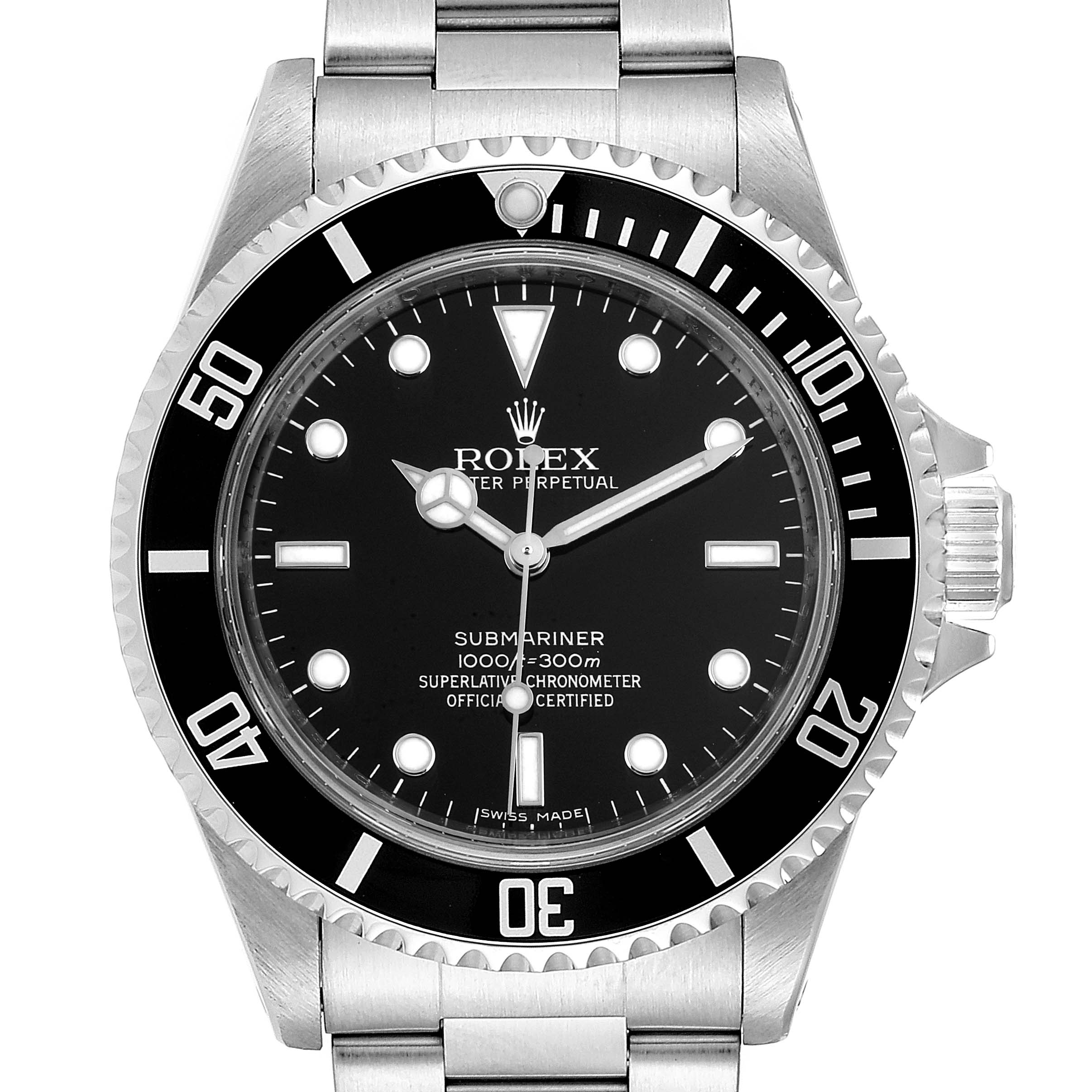 This image shows a front view of a Rolex Submariner 14060 Men
s Stainless Steel Black Dial 14060 Men
s Stainless Steel Black Dial watch, displaying the dial, bezel, and part of the bracelet.