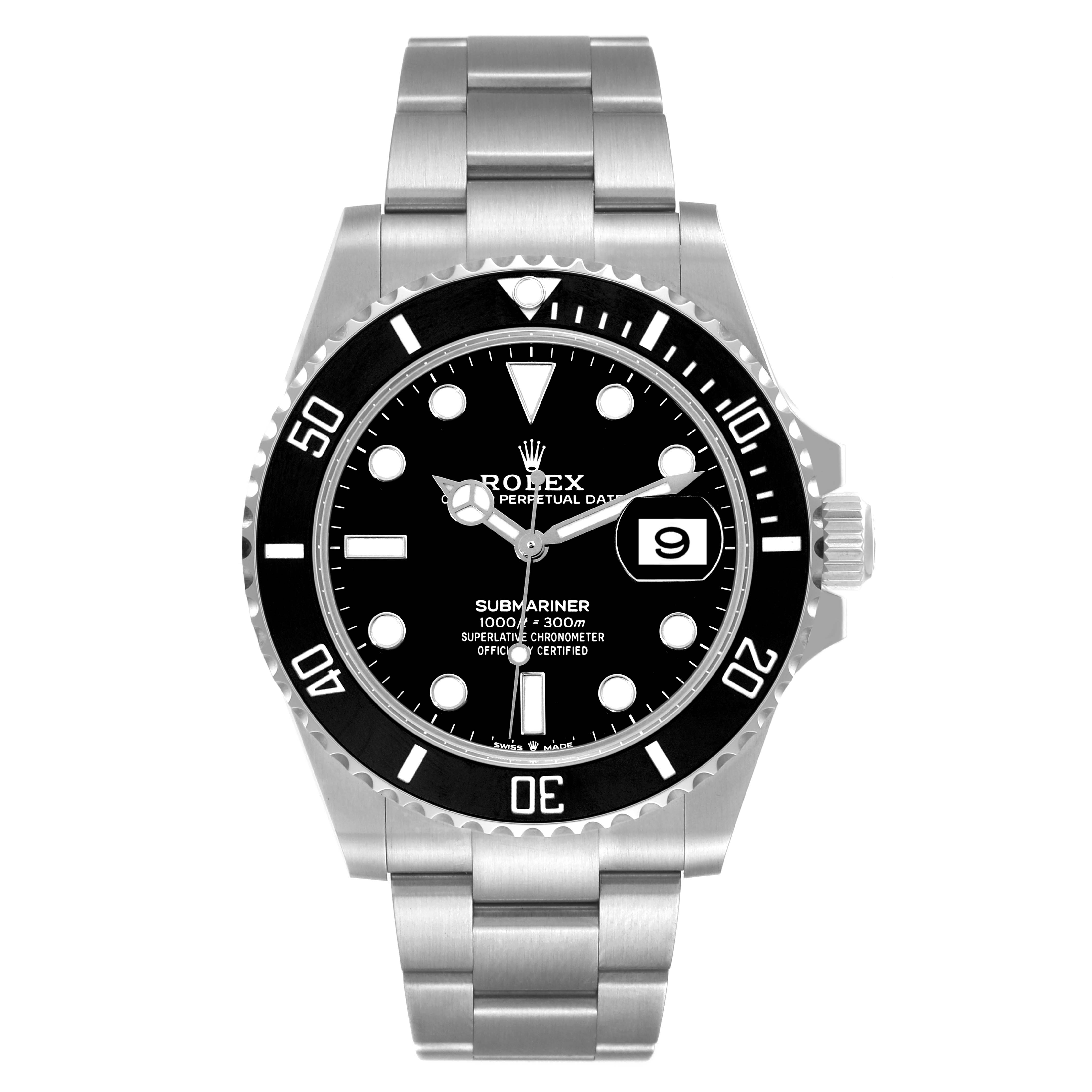 This image shows a frontal view of the Rolex Submariner 126610 Men
s Stainless Steel Black Dial 126610 Men
s Stainless Steel Black Dial watch, highlighting its dial, bezel, and bracelet.