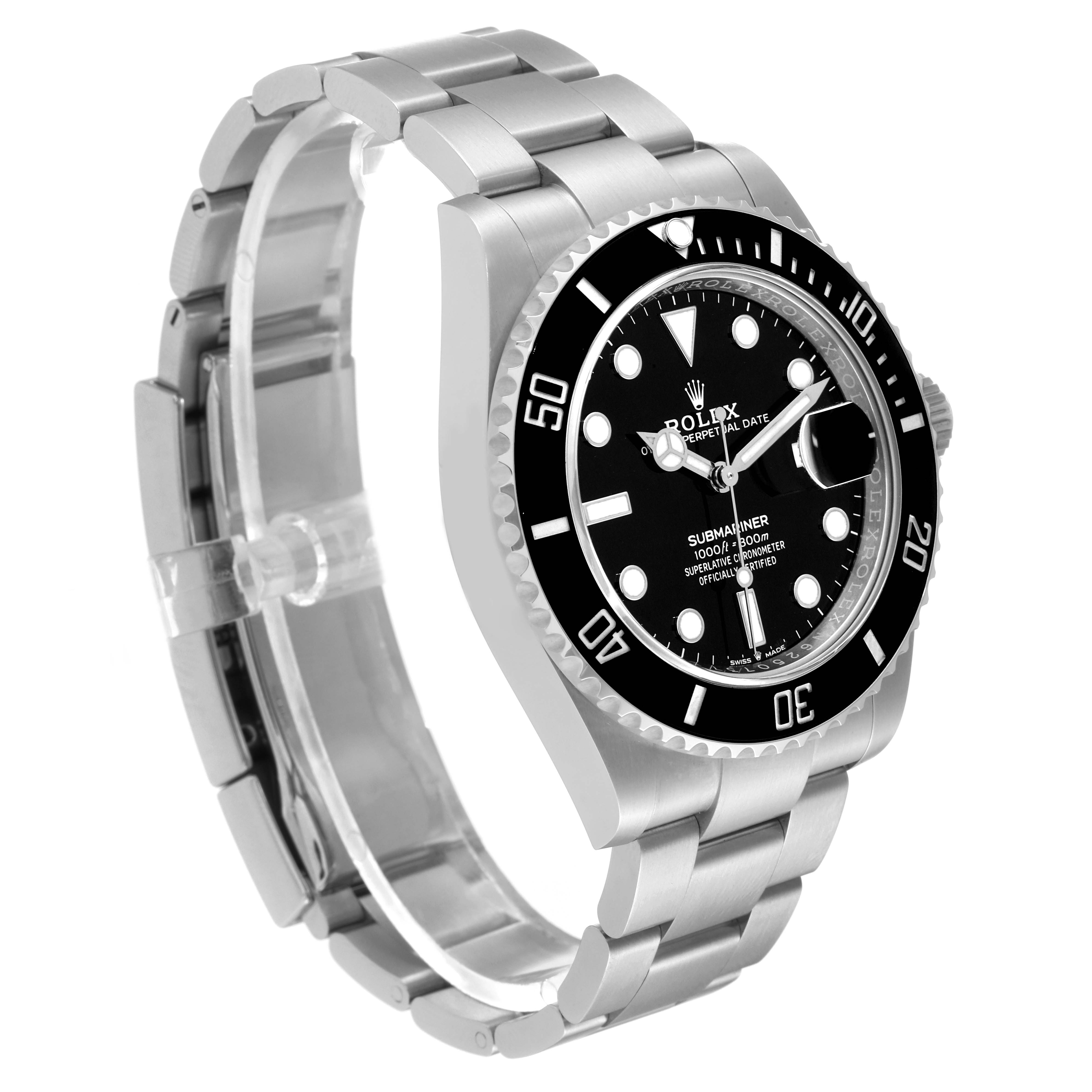 The Rolex Submariner 126610 Men
s Stainless Steel Black Dial 126610 Men
s Stainless Steel Black Dial watch is shown at a slight angle from the side, featuring its face, bezel, and bracelet.