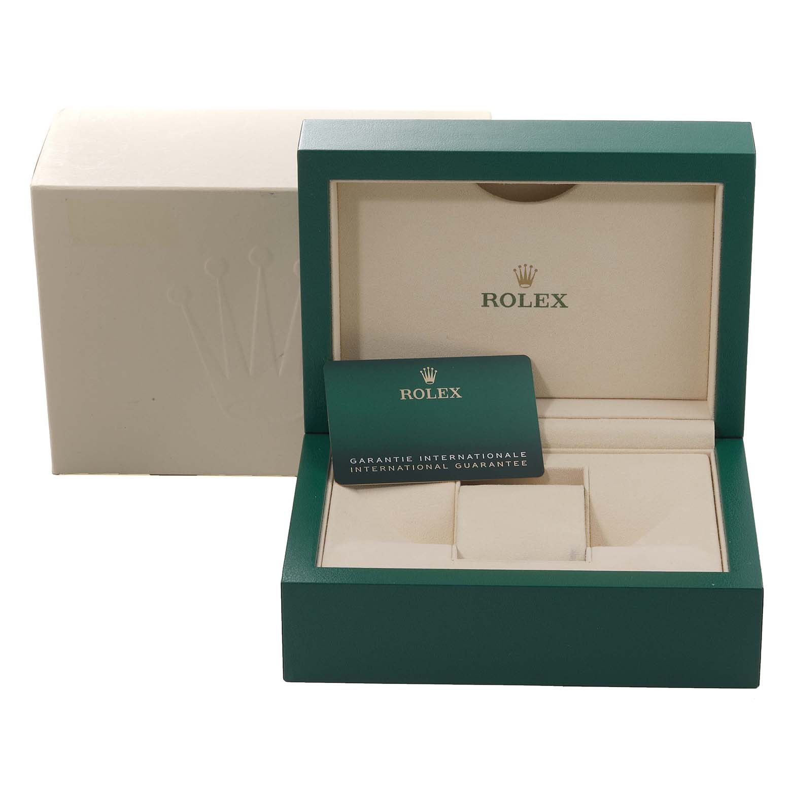 The image shows an open Rolex Submariner 126610 Men
s Stainless Steel Black Dial 126610 Men
s Stainless Steel Black Dial watch box with a warranty card inside.