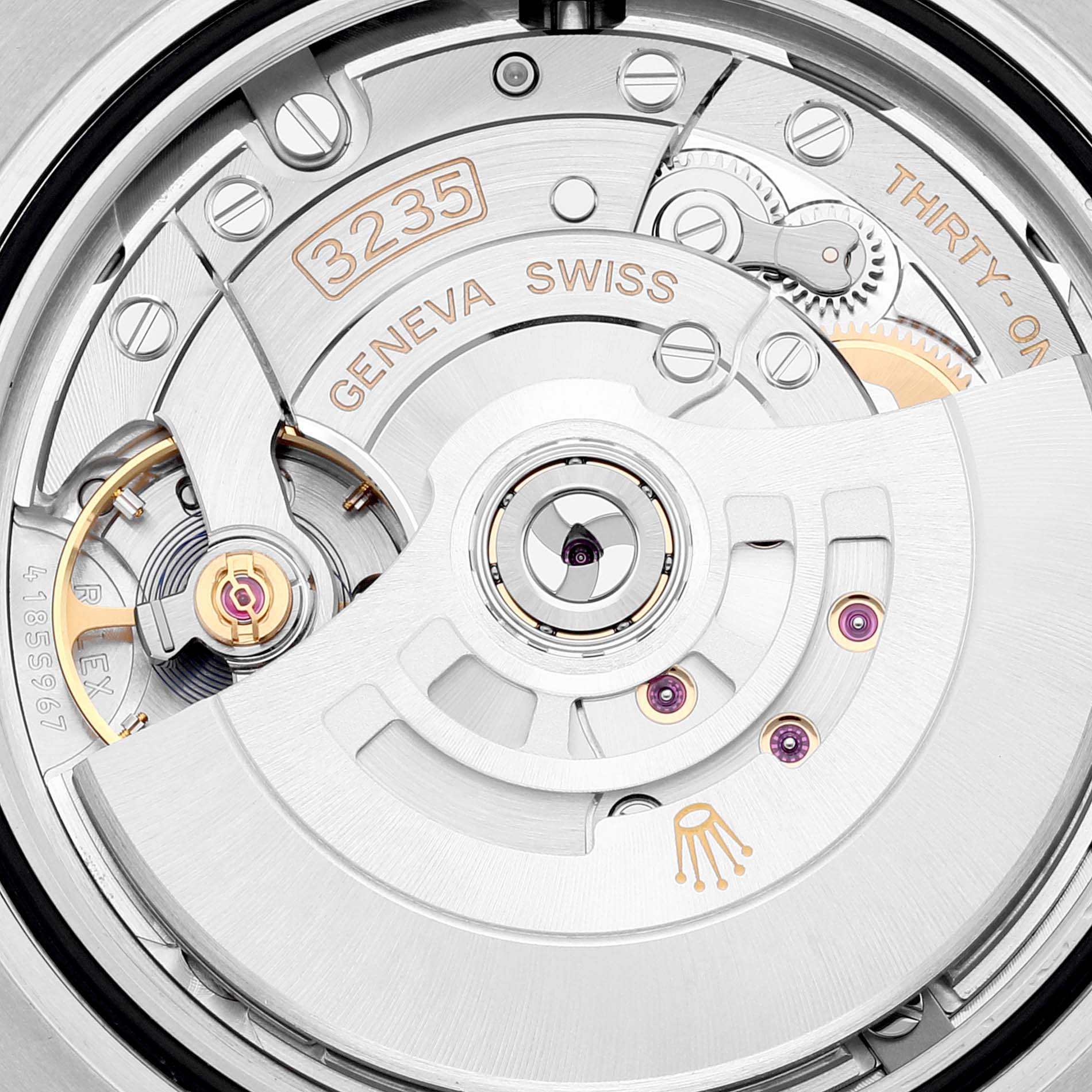 This image shows the internal mechanism of a Rolex Submariner 126610 Men
s Stainless Steel Black Dial 126610 Men
s Stainless Steel Black Dial watch, featuring the Caliber 3235 movement.