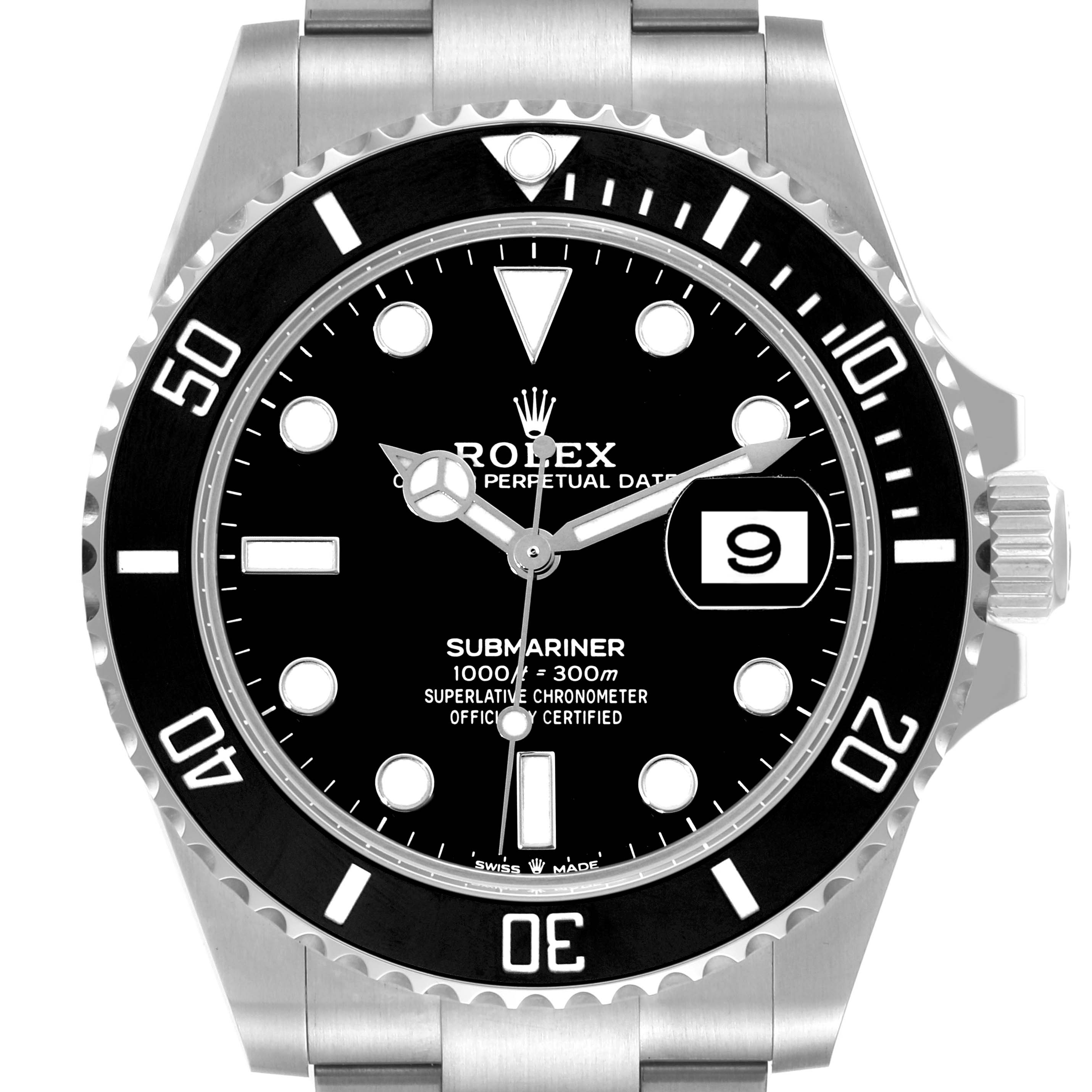 The image shows a front view of the Rolex Submariner 126610 Men
s Stainless Steel Black Dial 126610 Men
s Stainless Steel Black Dial watch, highlighting the dial, bezel, and bracelet.