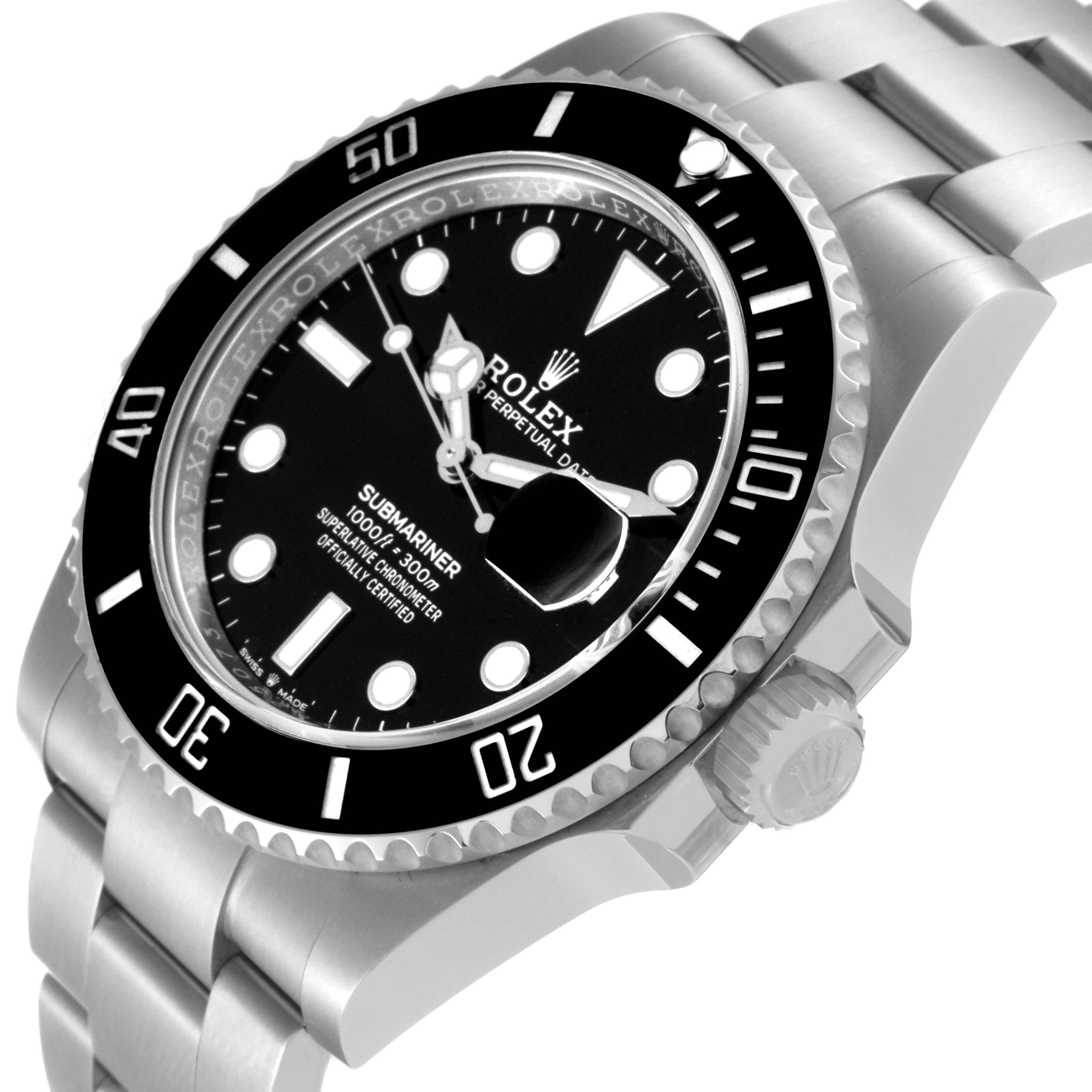 This image shows a Rolex Submariner 126610 Men
s Stainless Steel Black Dial 126610 Men
s Stainless Steel Black Dial watch from a side angle, highlighting the black bezel, crown, and bracelet.