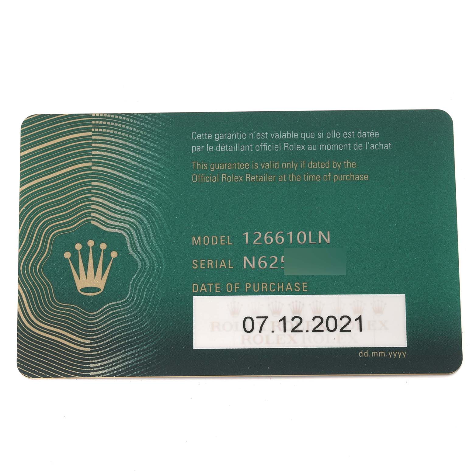 This image shows the warranty card for the Rolex Submariner 126610 Men
s Stainless Steel Black Dial 126610 Men
s Stainless Steel Black Dial model 126610LN.