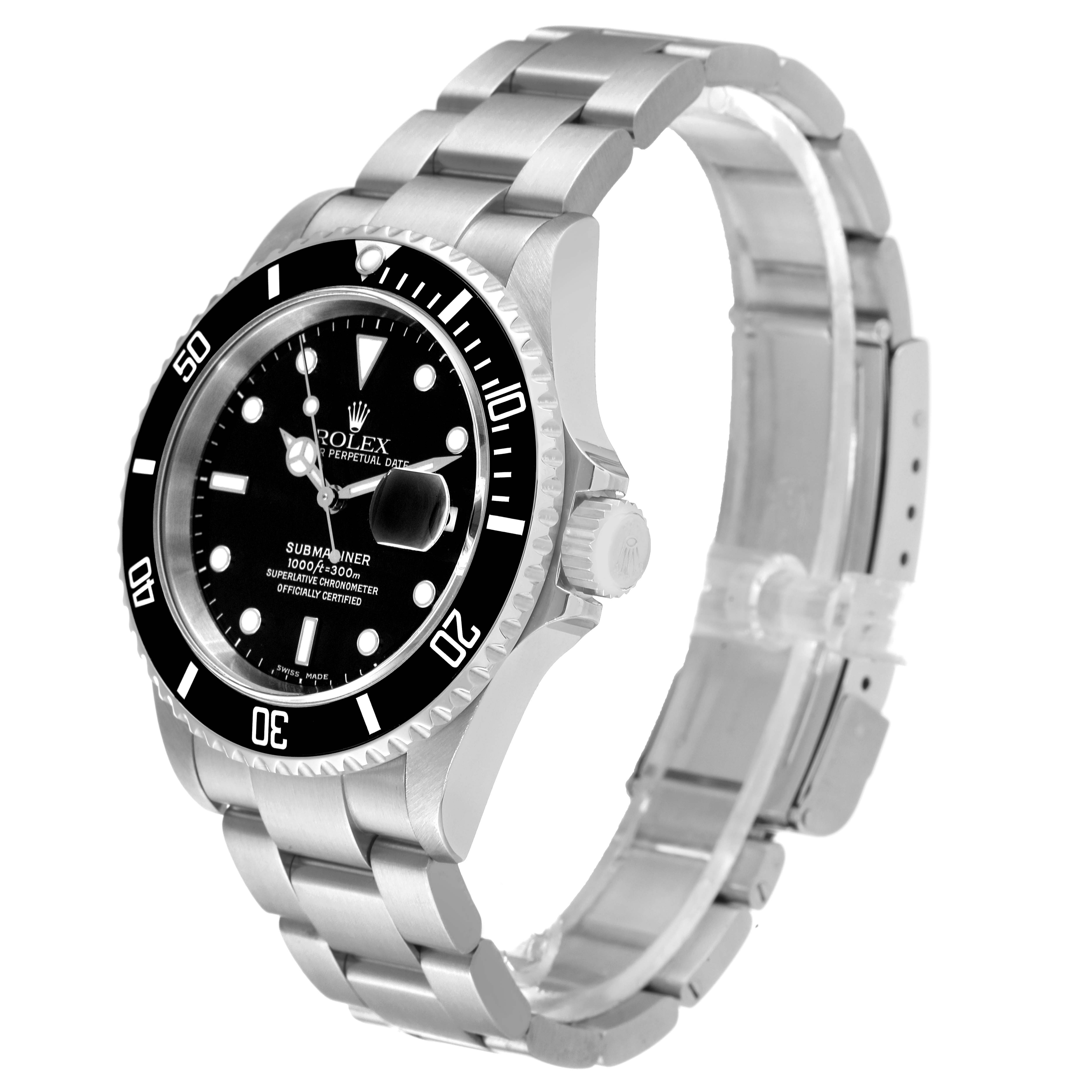 The image shows a Rolex Submariner 16610 Men
s Stainless Steel Black Dial 16610 Men
s Stainless Steel Black Dial watch tilted to the right, exposing the face, bezel, crown, and stainless steel bracelet.