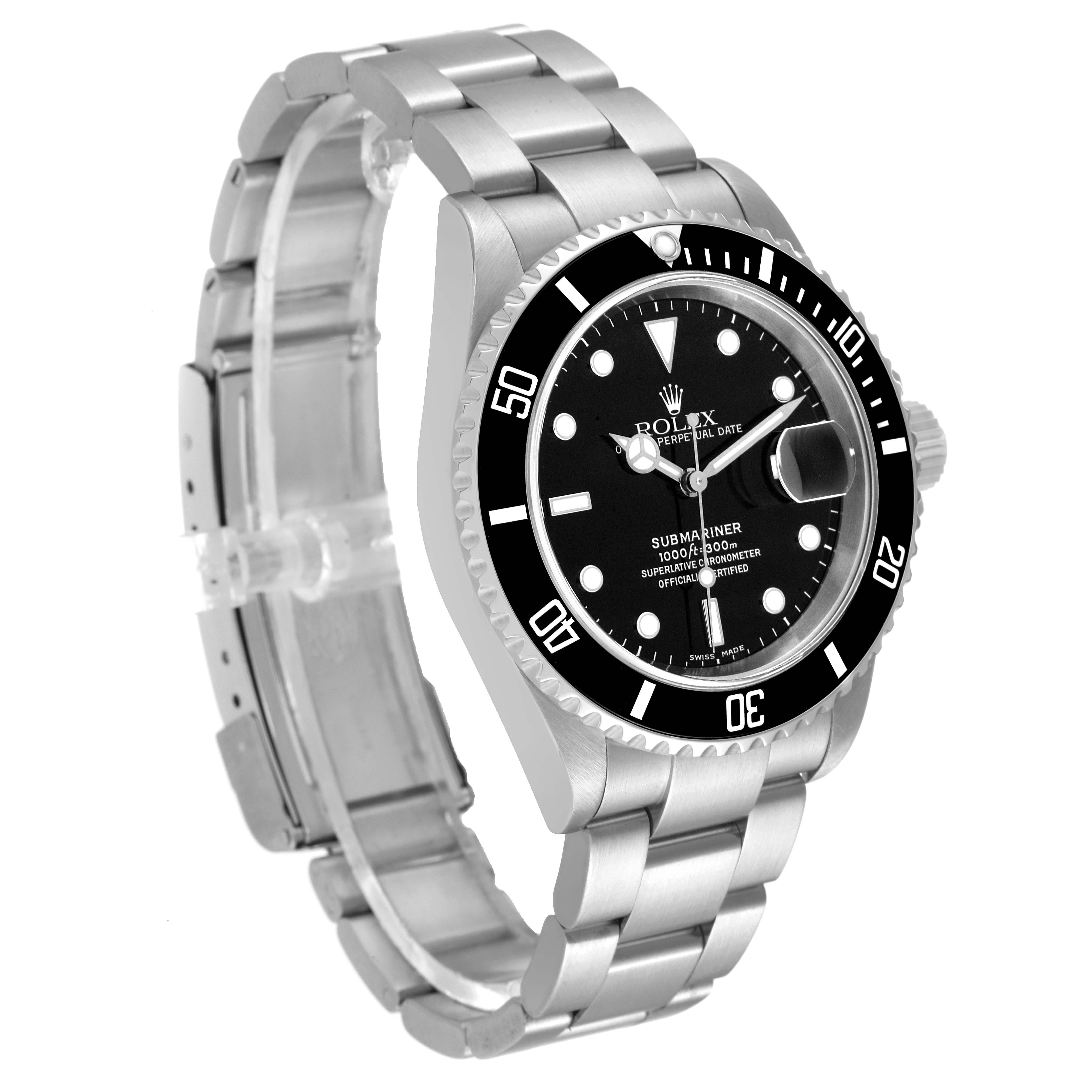 The image shows a 3/4 angle view of a Rolex Submariner 16610 Men
s Stainless Steel Black Dial 16610 Men
s Stainless Steel Black Dial watch, including its bezel, dial, case, and bracelet.