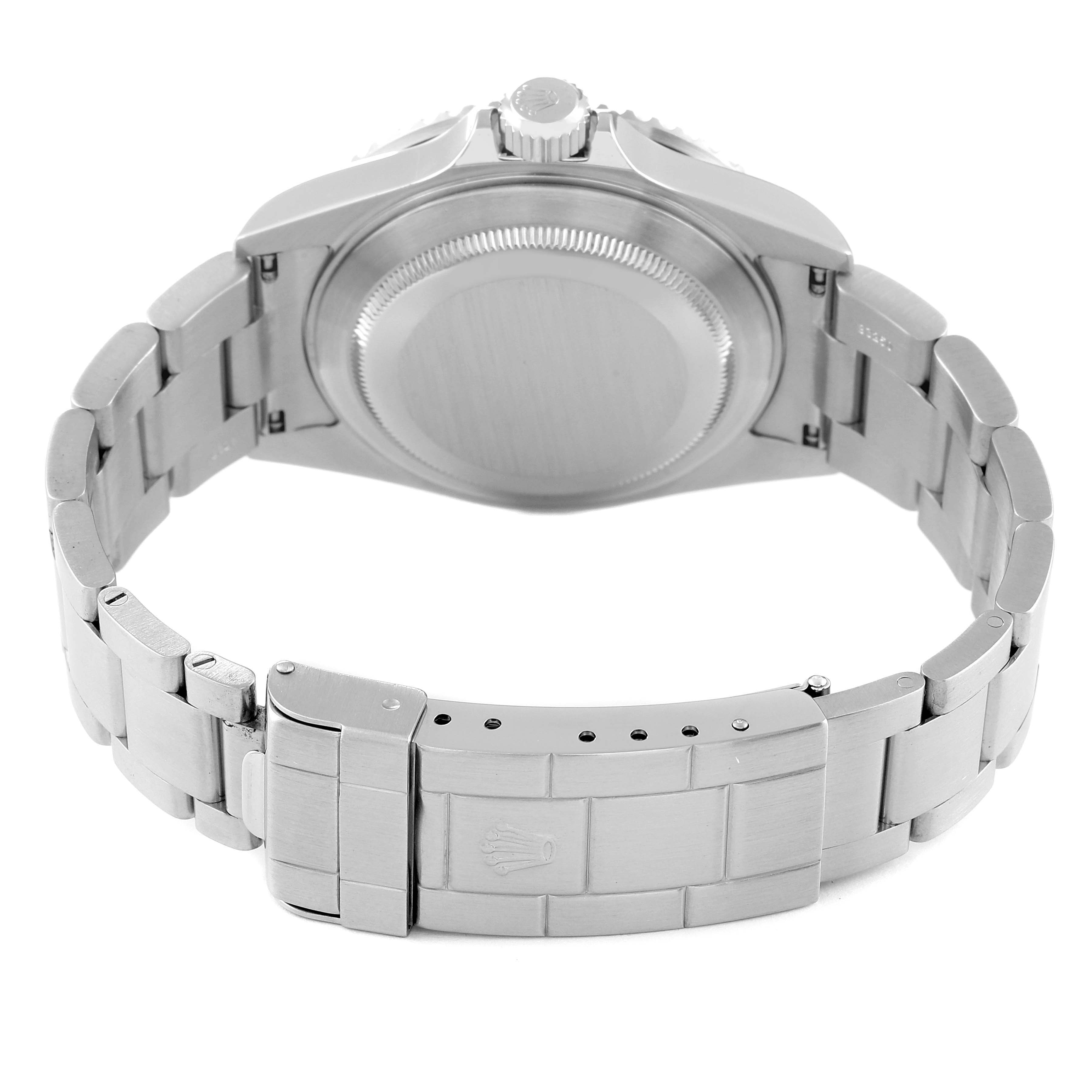 This image shows the back case and bracelet clasp of a Rolex Submariner 16610 Men
s Stainless Steel Black Dial 16610 Men
s Stainless Steel Black Dial watch, with the watch face hidden.