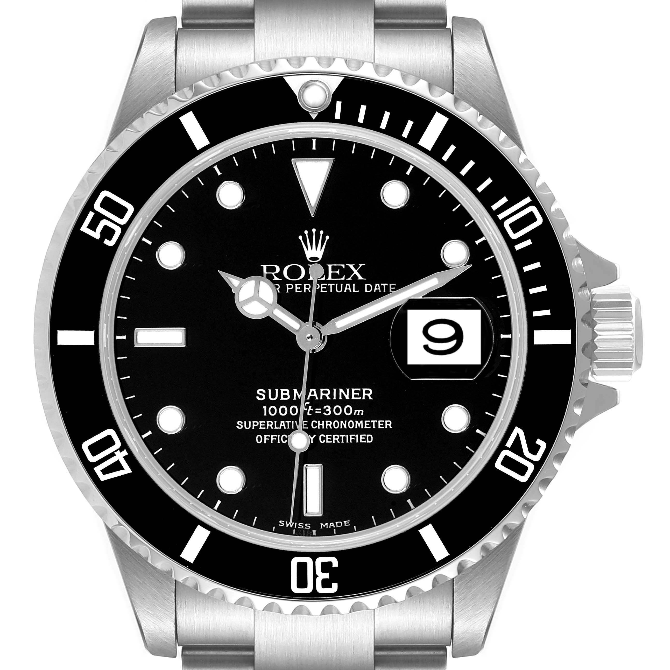 This image shows a front view of a Rolex Submariner 16610 Men
s Stainless Steel Black Dial 16610 Men
s Stainless Steel Black Dial watch, highlighting the dial, bezel, crown, and part of the bracelet.
