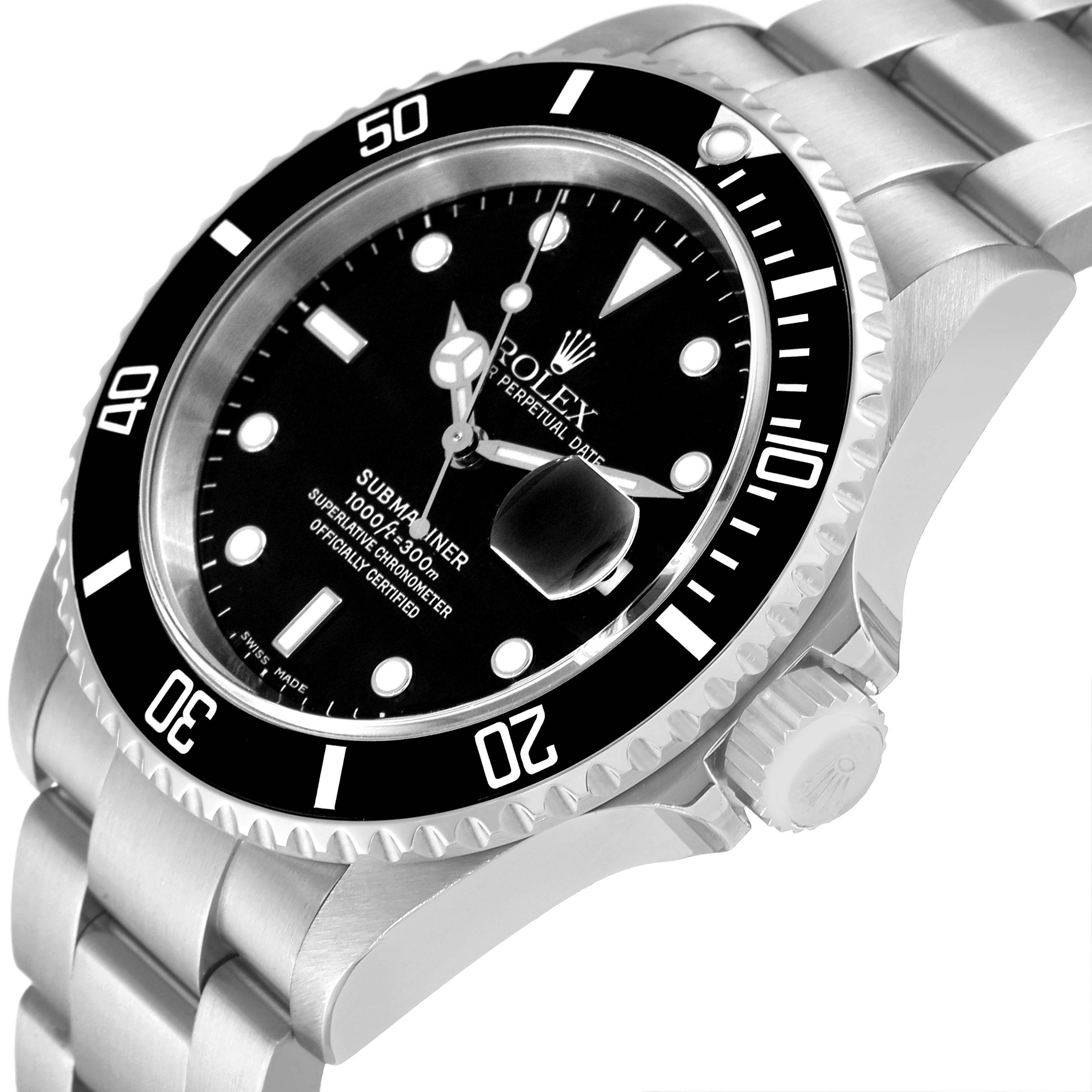 The image shows a side angle of the Rolex Submariner 16610 Men
s Stainless Steel Black Dial 16610 Men
s Stainless Steel Black Dial, displaying parts of the bezel, dial, crown, and bracelet.