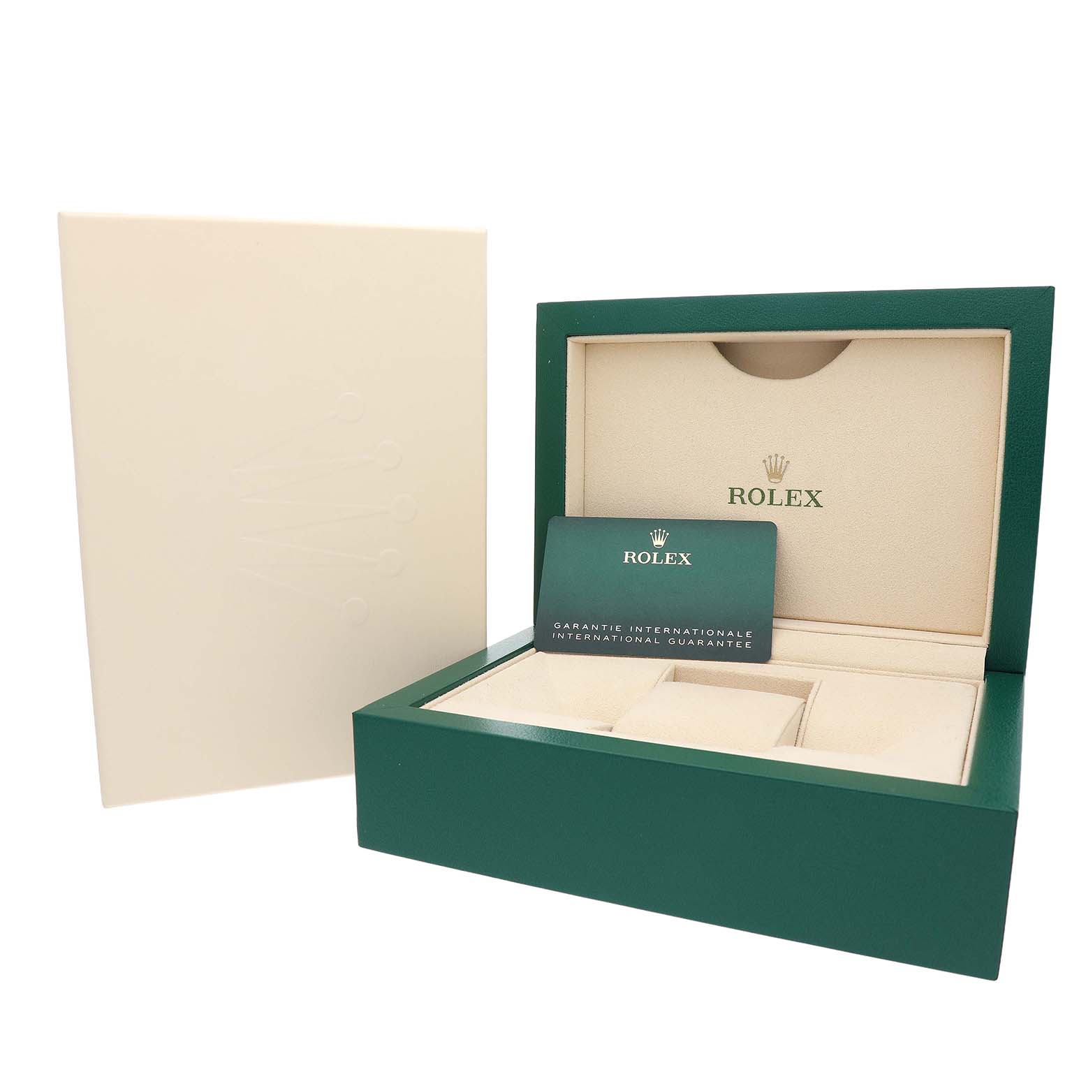 The image shows a Rolex Submariner 126610LN Men's Stainless Steel Black Dial watch box from a front angle with a guarantee card and the box lid open.