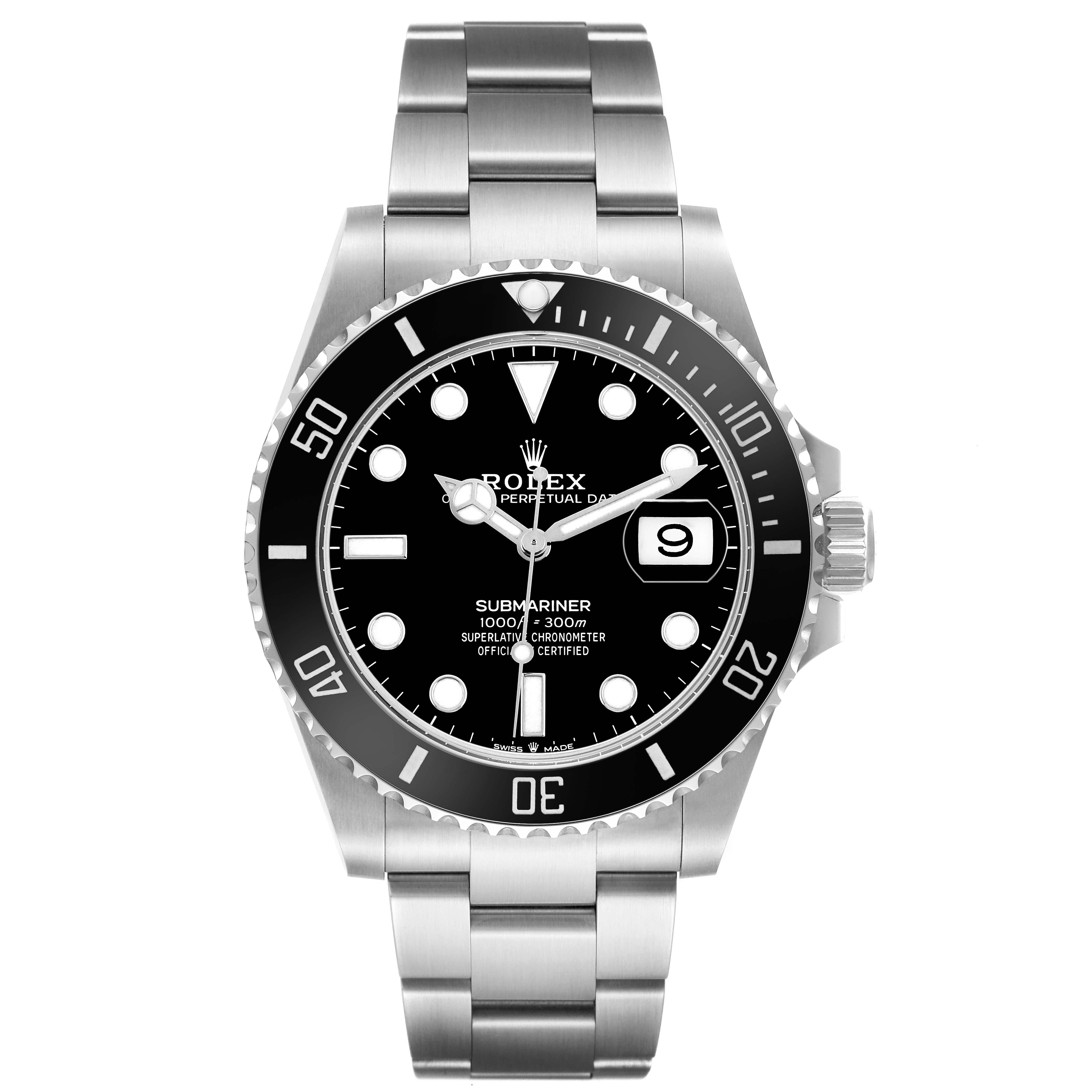 The Rolex Submariner 126610LN Men's Stainless Steel Black Dial watch is shown from a front angle, displaying its face, bezel, crown, and bracelet.