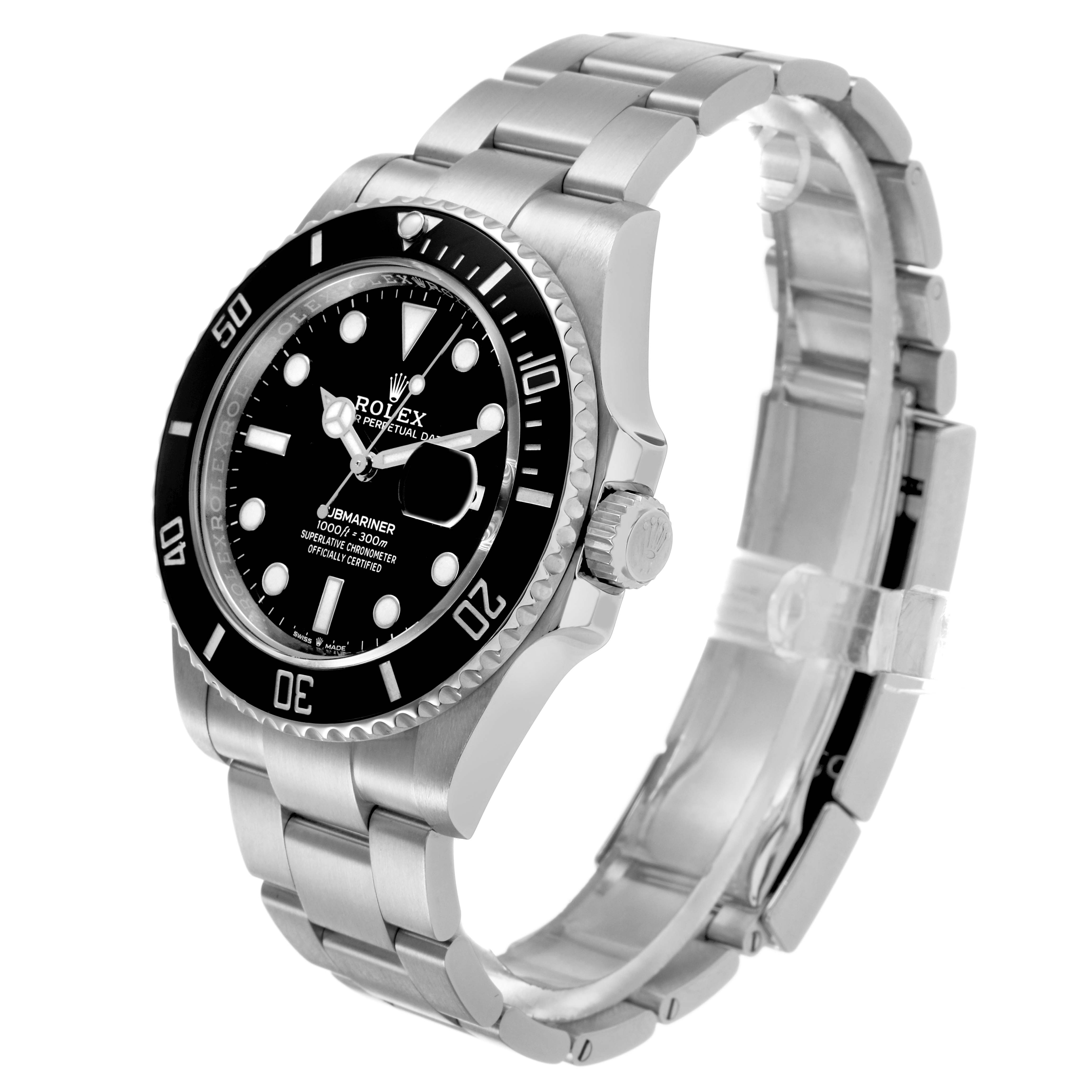 The Rolex Submariner 126610LN Men's Stainless Steel Black Dial watch is shown at a three-quarter angle, highlighting the face, bezel, crown, and bracelet.