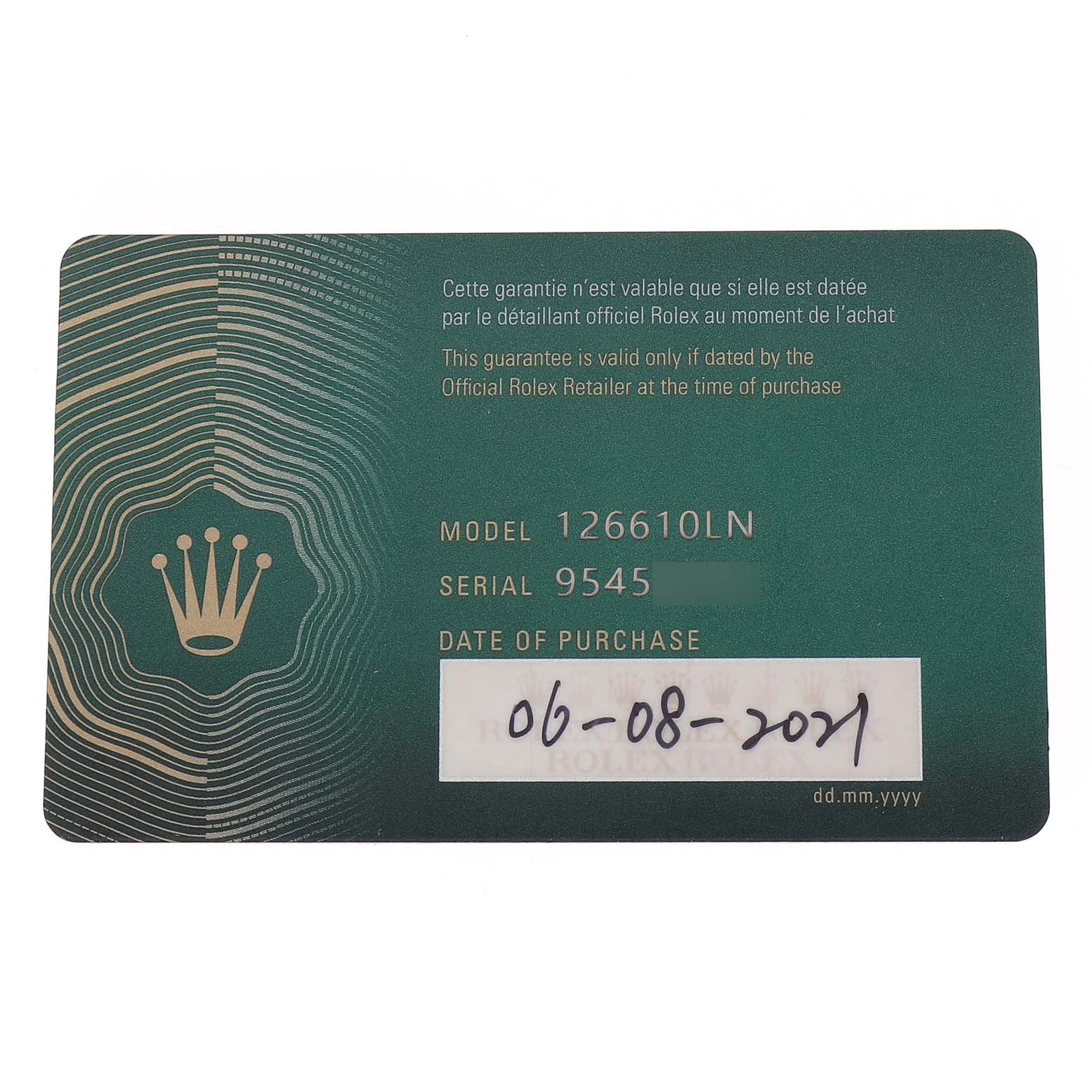 This image shows the guarantee card for a Rolex Submariner 126610LN Men's Stainless Steel Black Dial model 126610LN, featuring model, serial number, and purchase date details.