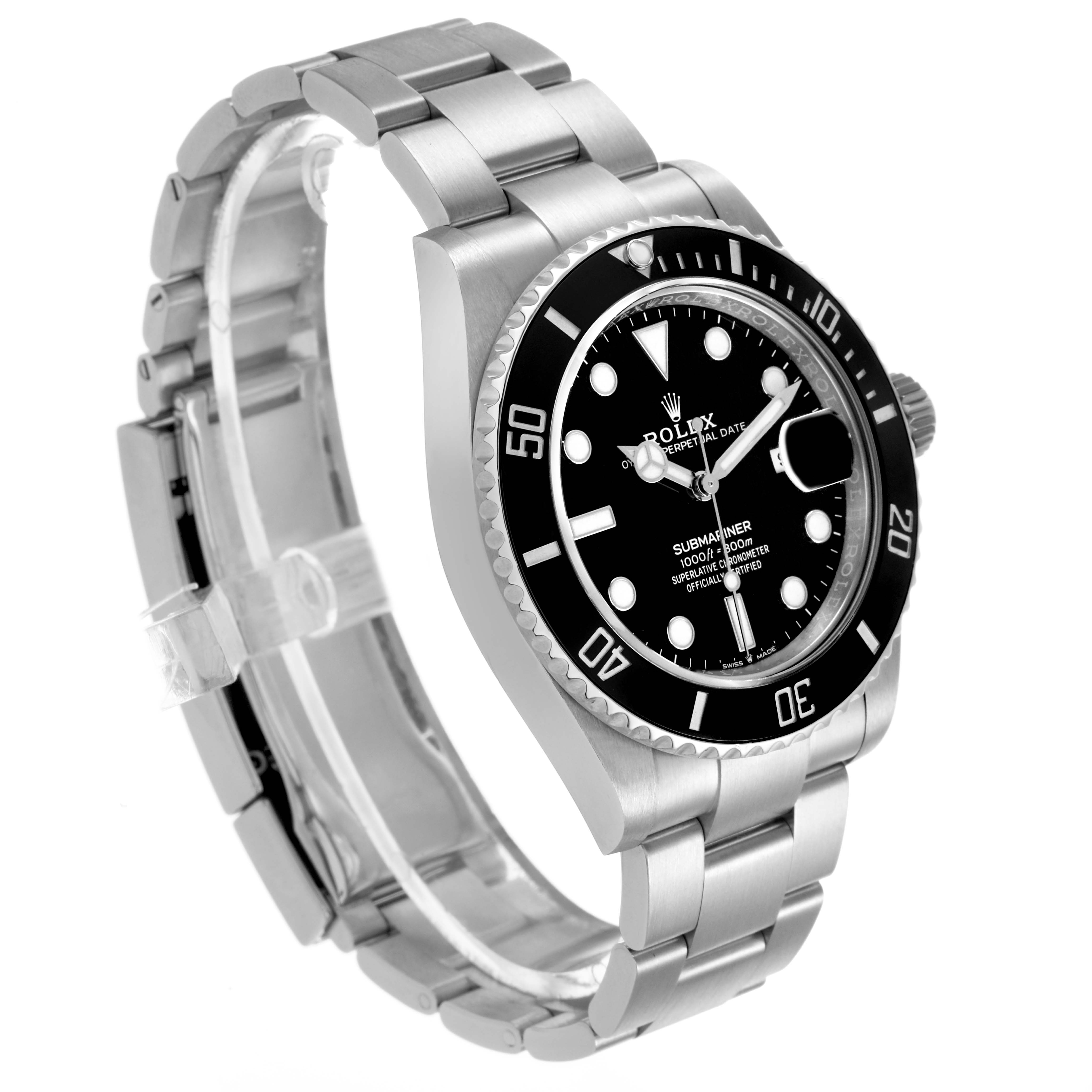 This image shows a Rolex Submariner 126610LN Men's Stainless Steel Black Dial watch from a three-quarter angle, highlighting the bezel, face, case, and bracelet.
