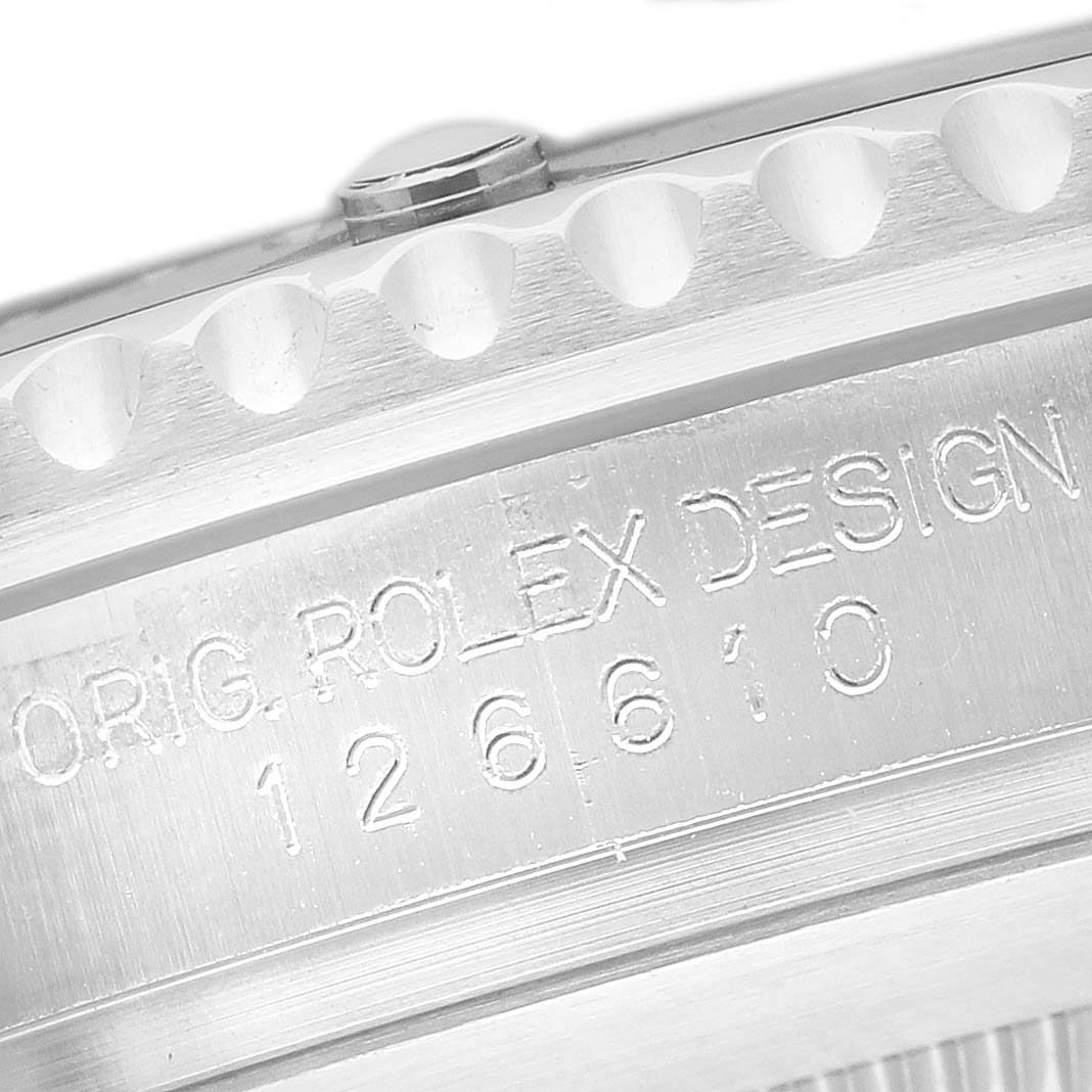 The image shows a close-up of the side of a Rolex Submariner 126610LN Men's Stainless Steel Black Dial, highlighting the engraved model number and part of the bezel.