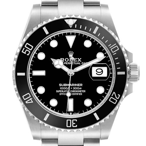 The Rolex Submariner 126610LN Men's Stainless Steel Black Dial watch is shown from the front, displaying the bezel, dial, hands, date, and crown.