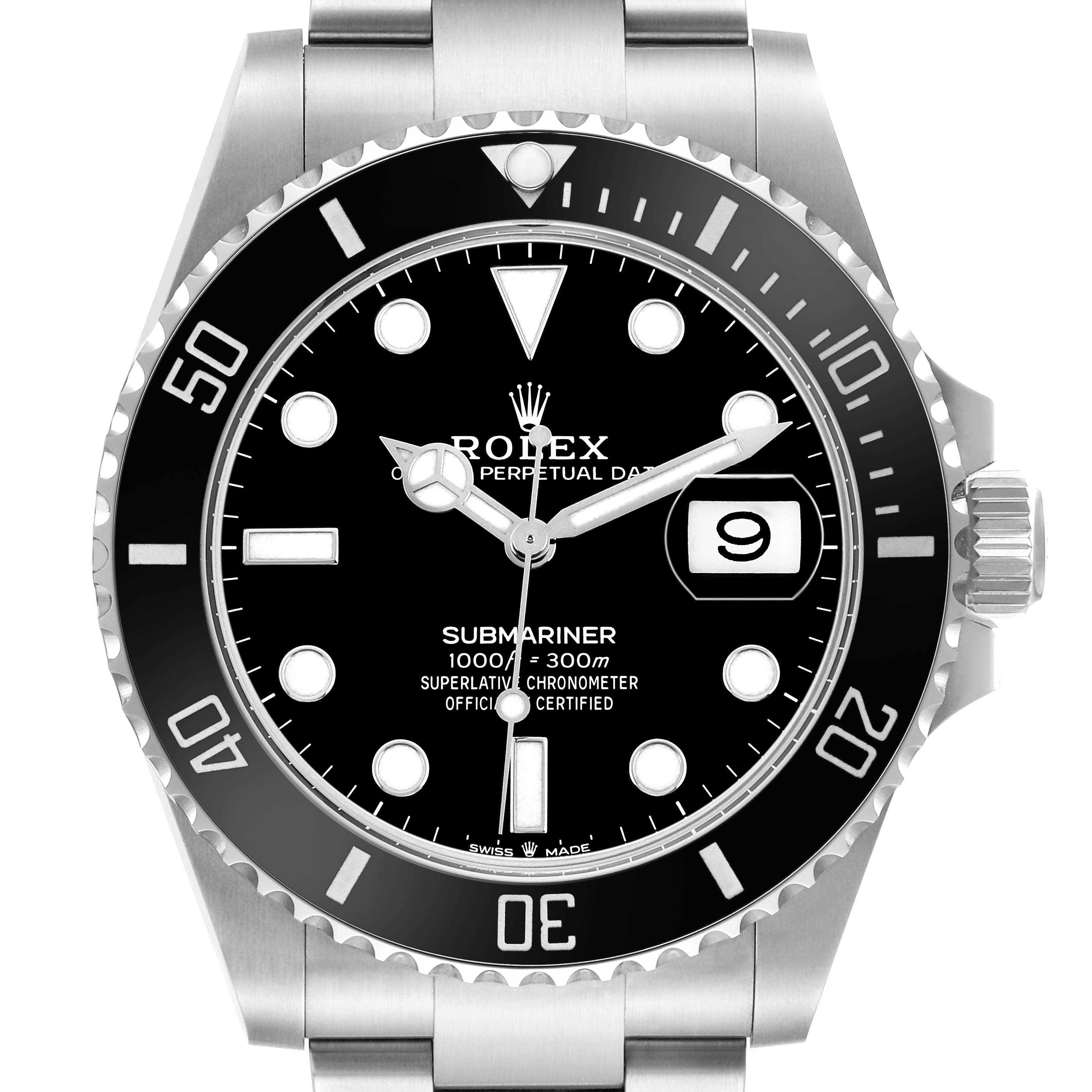 The Rolex Submariner 126610LN Men's Stainless Steel Black Dial watch is shown from the front, displaying the dial, bezel, hands, and partially the bracelet.