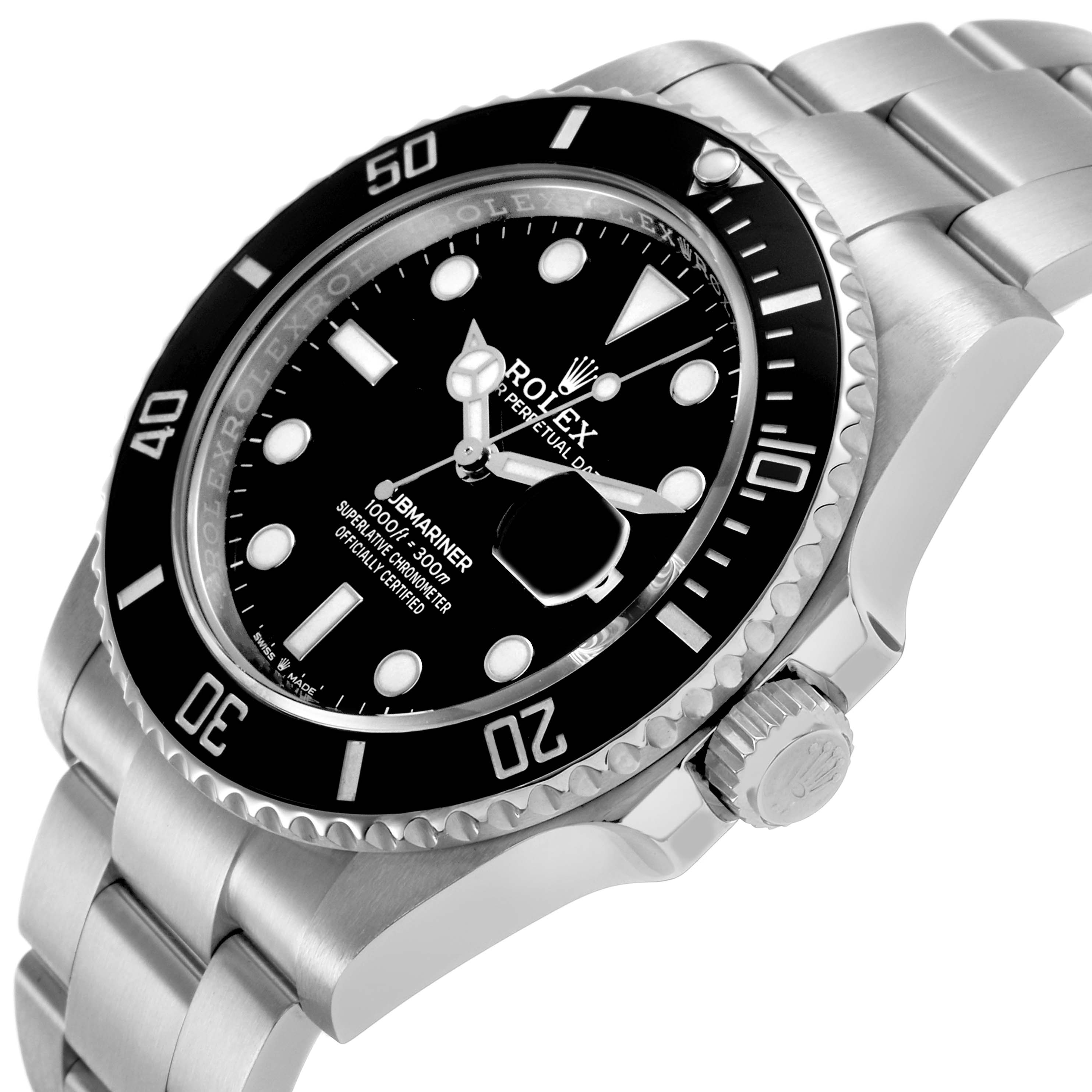 The image shows a Rolex Submariner 126610LN Men's Stainless Steel Black Dial at a slight angle, highlighting the bezel, dial, crown, and part of the bracelet.