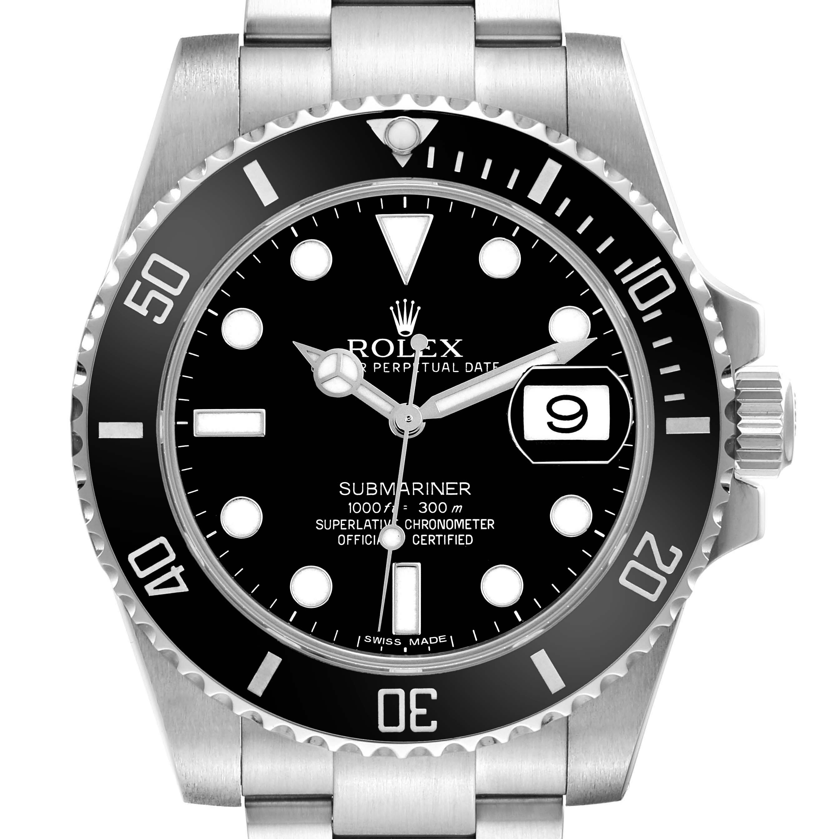 The Rolex Submariner model 116610 is shown from the front, displaying the dial, bezel, and part of the stainless steel bracelet.