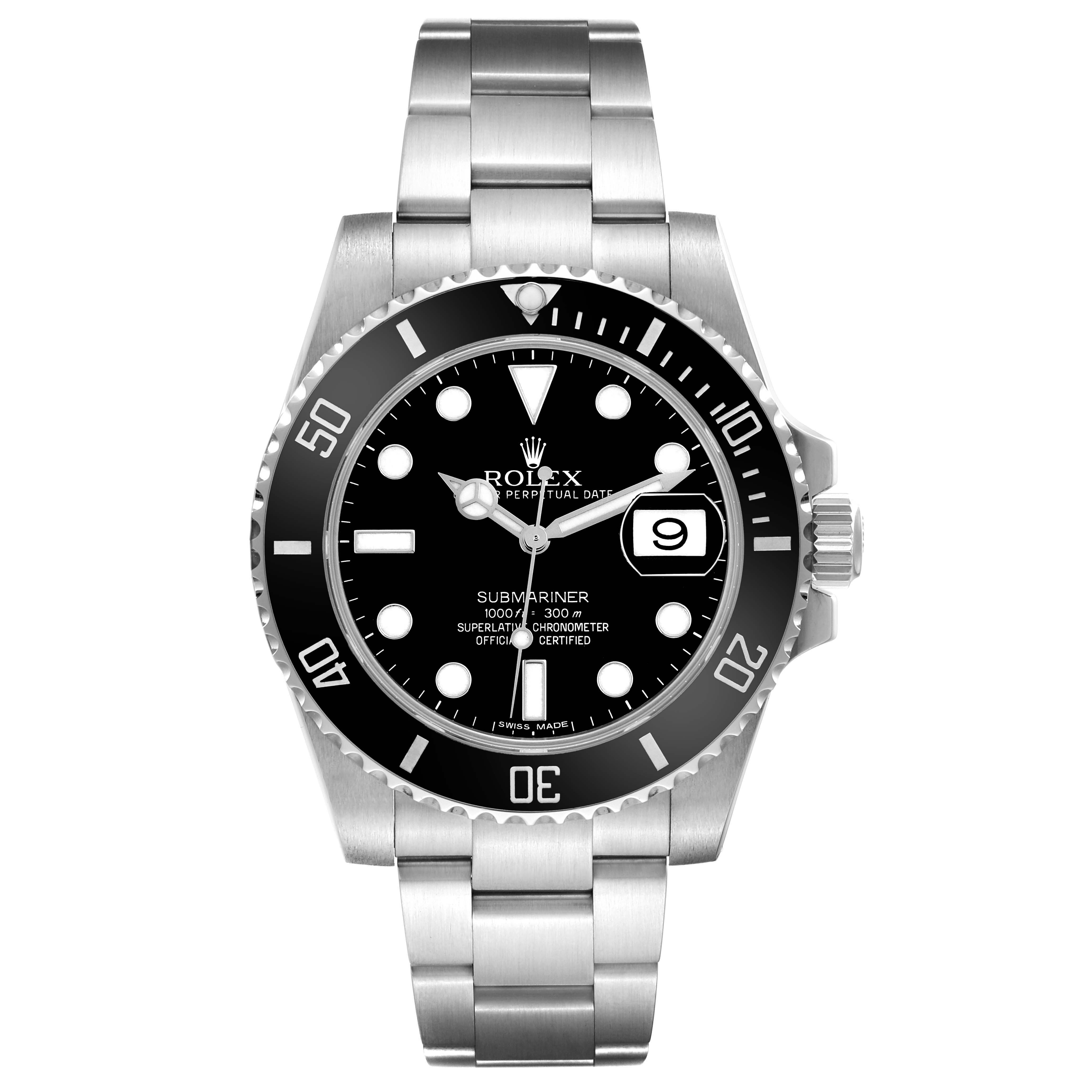 The Rolex Submariner model 116610 is shown from a front angle, highlighting its face, bezel, and bracelet.