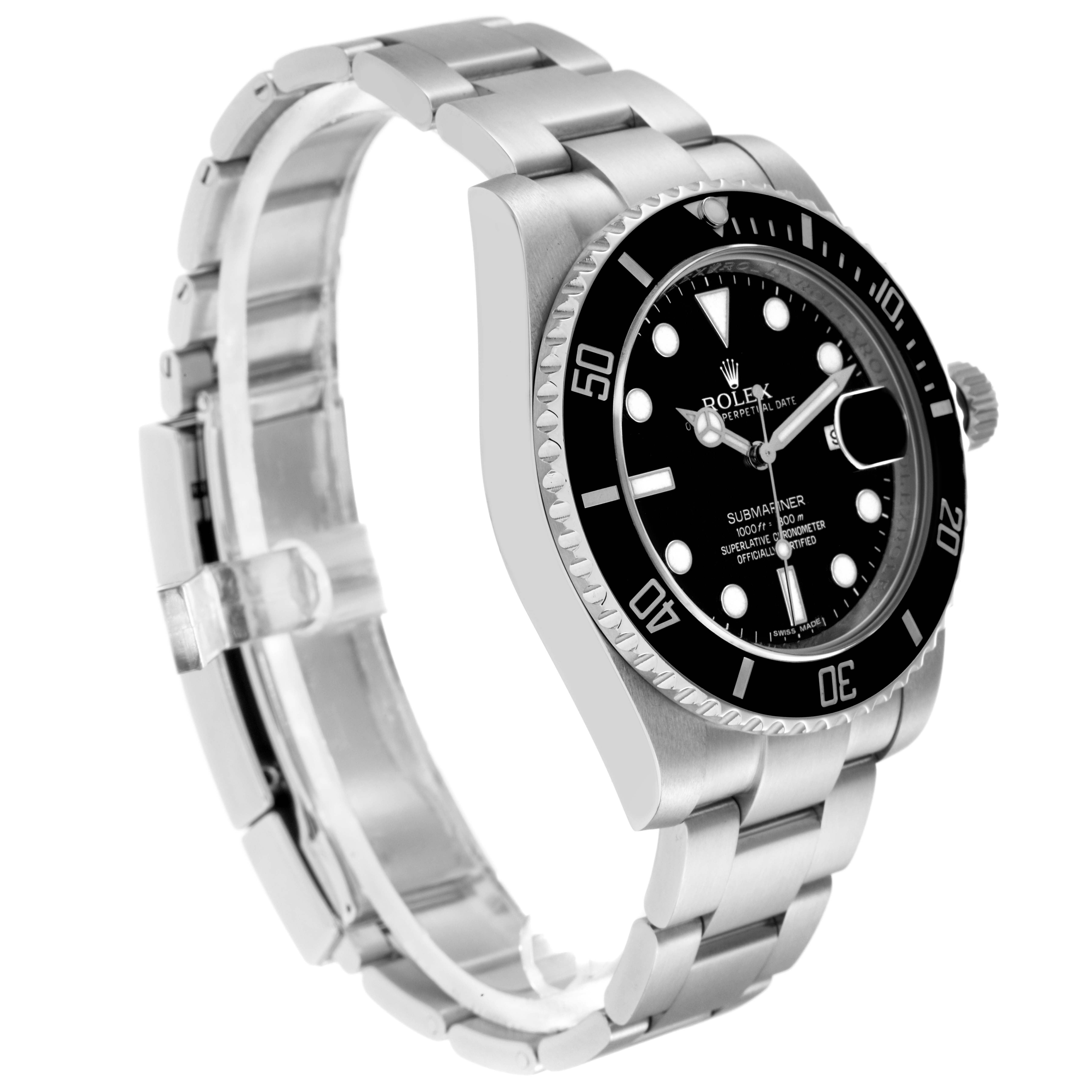 The Rolex Submariner model 116610 is shown at a three-quarter angle, displaying the case, bezel, dial, and bracelet.