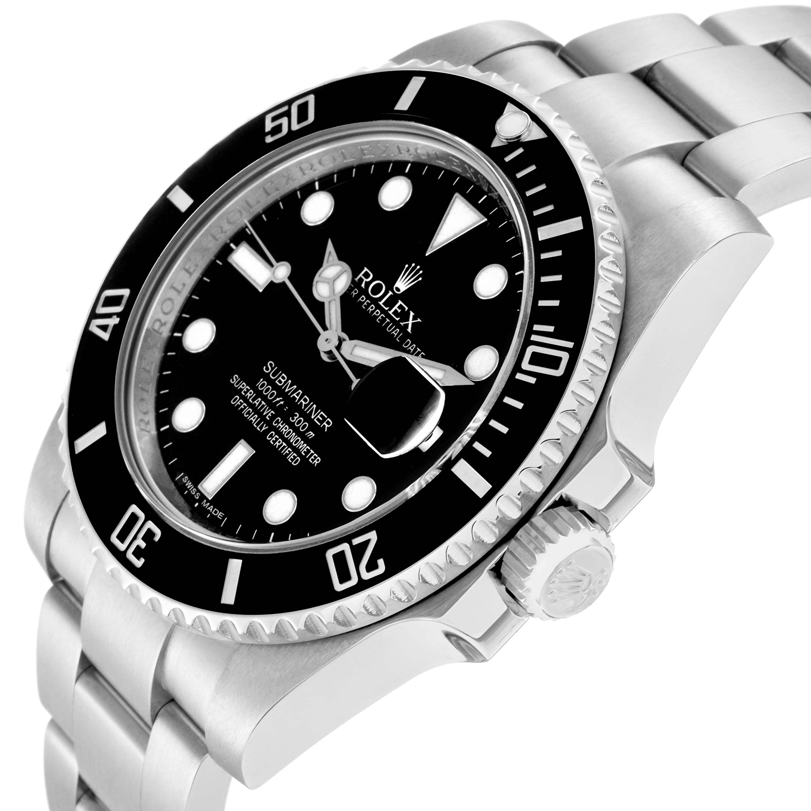 The image shows a Rolex Submariner 116610 at an angled side view, highlighting the bezel, crown, bracelet, and detailed watch face.