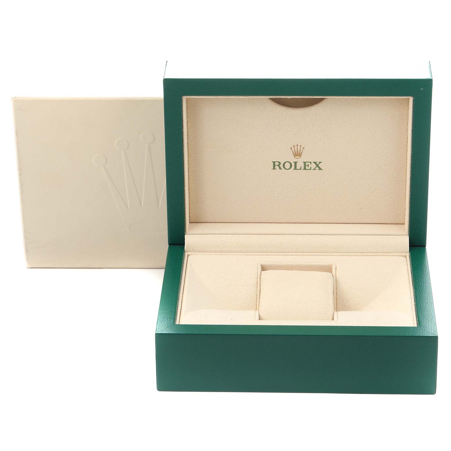 The image shows the open box for a Rolex Submariner model 116610 watch, highlighting the brand's logo and the box's interior compartments.