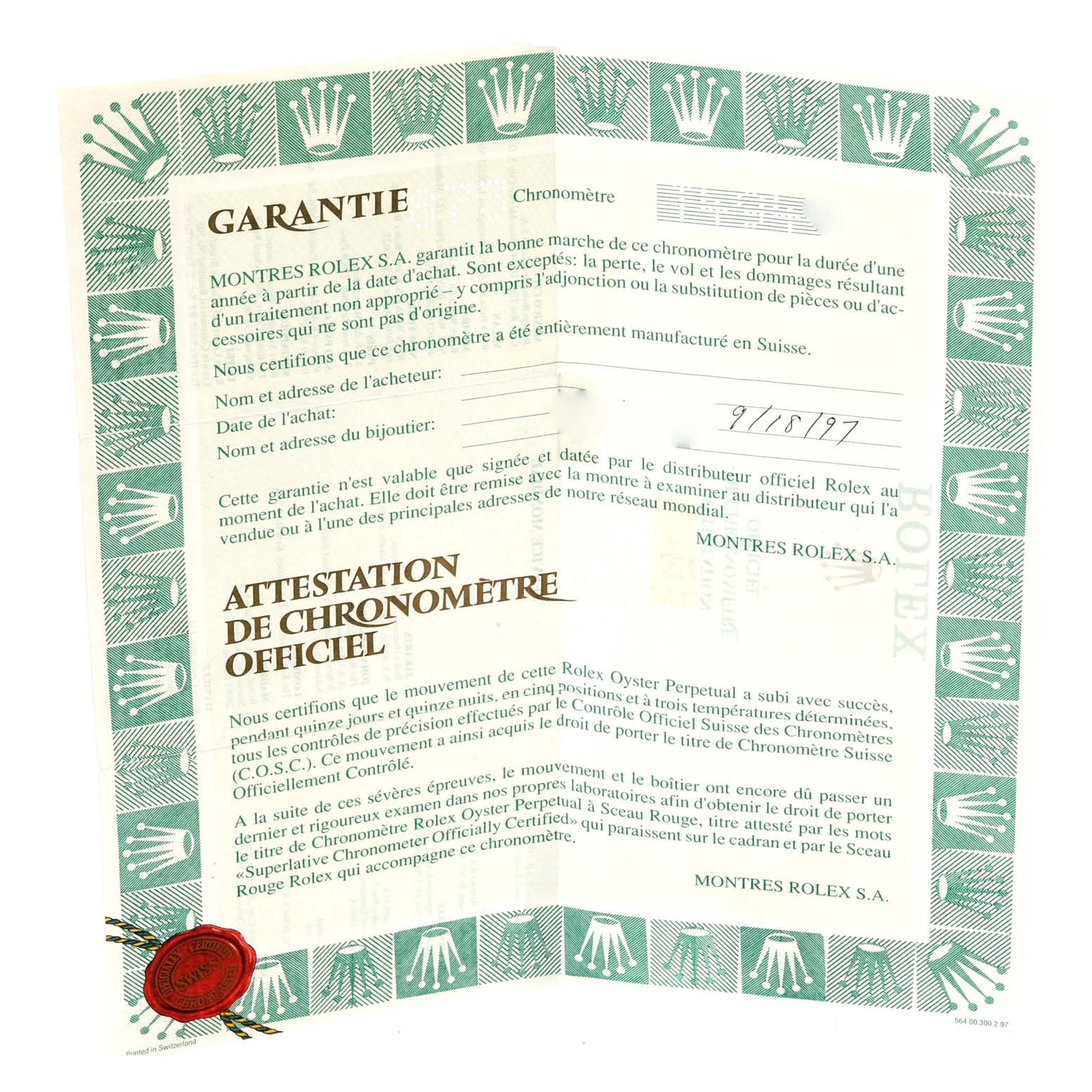 The image shows a warranty certificate for the Rolex Submariner 16613 Men's Steel and Gold (two tone) Black Dial 16613 Men's Steel and Gold (two tone) Black Dial watch, including an official chronometer certification.