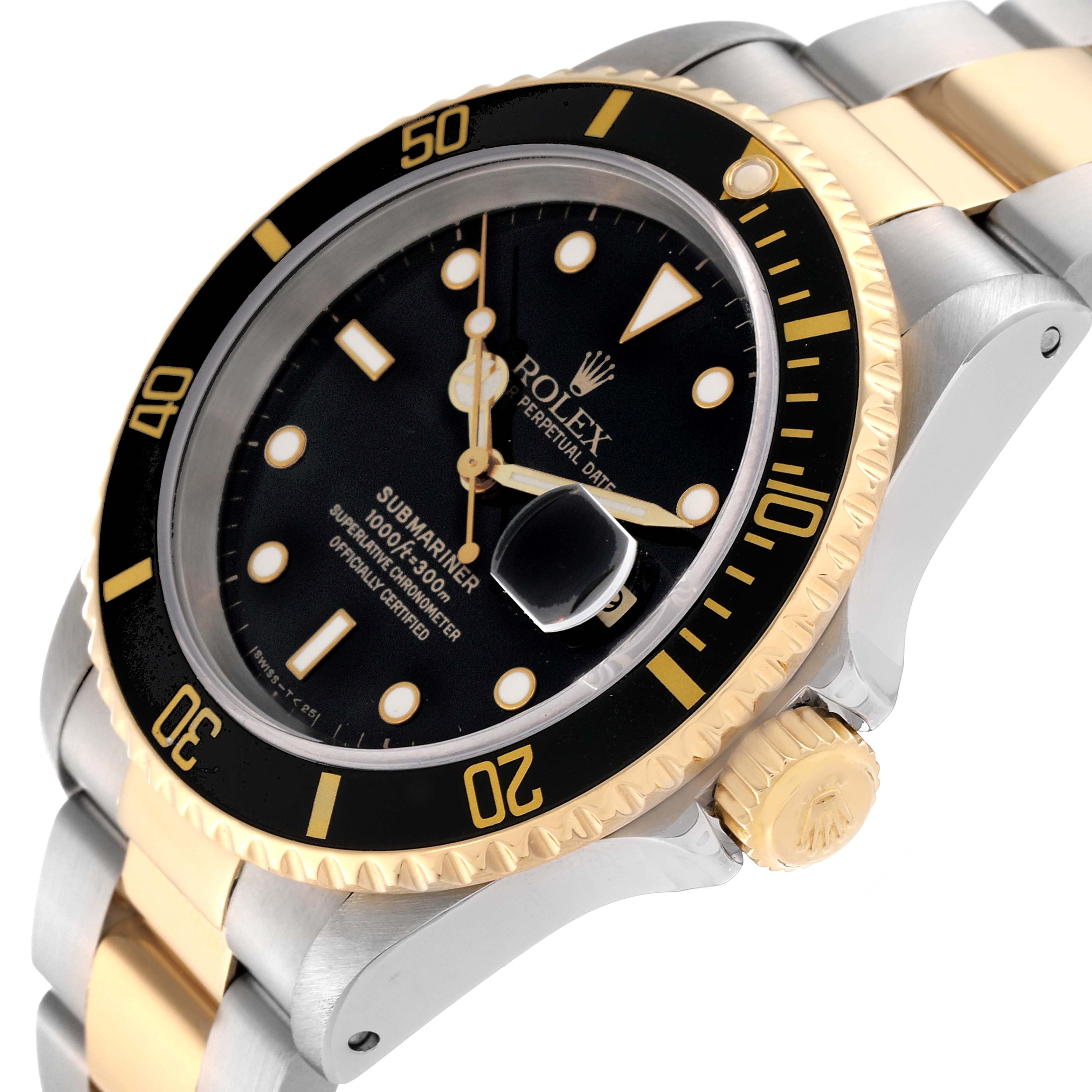 The image shows a Rolex Submariner 16613 Men's Steel and Gold (two tone) Black Dial 16613 Men's Steel and Gold (two tone) Black Dial watch at an angle highlighting the bezel, dial, crown, and bracelet.