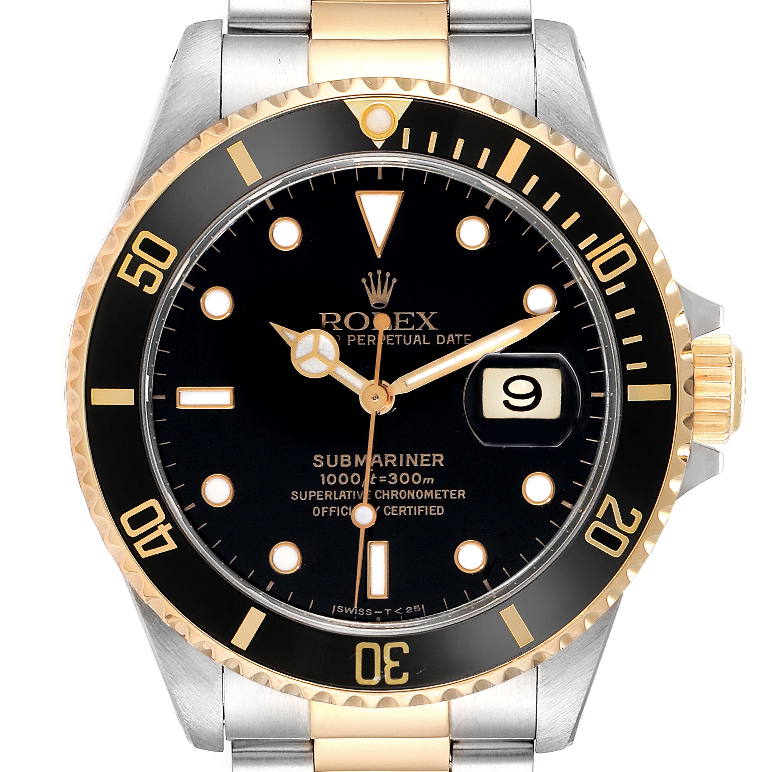 This image shows a front view of the Rolex Submariner 16613 Men's Steel and Gold (two tone) Black Dial 16613 Men's Steel and Gold (two tone) Black Dial, highlighting the bezel, dial, hands, and date window.