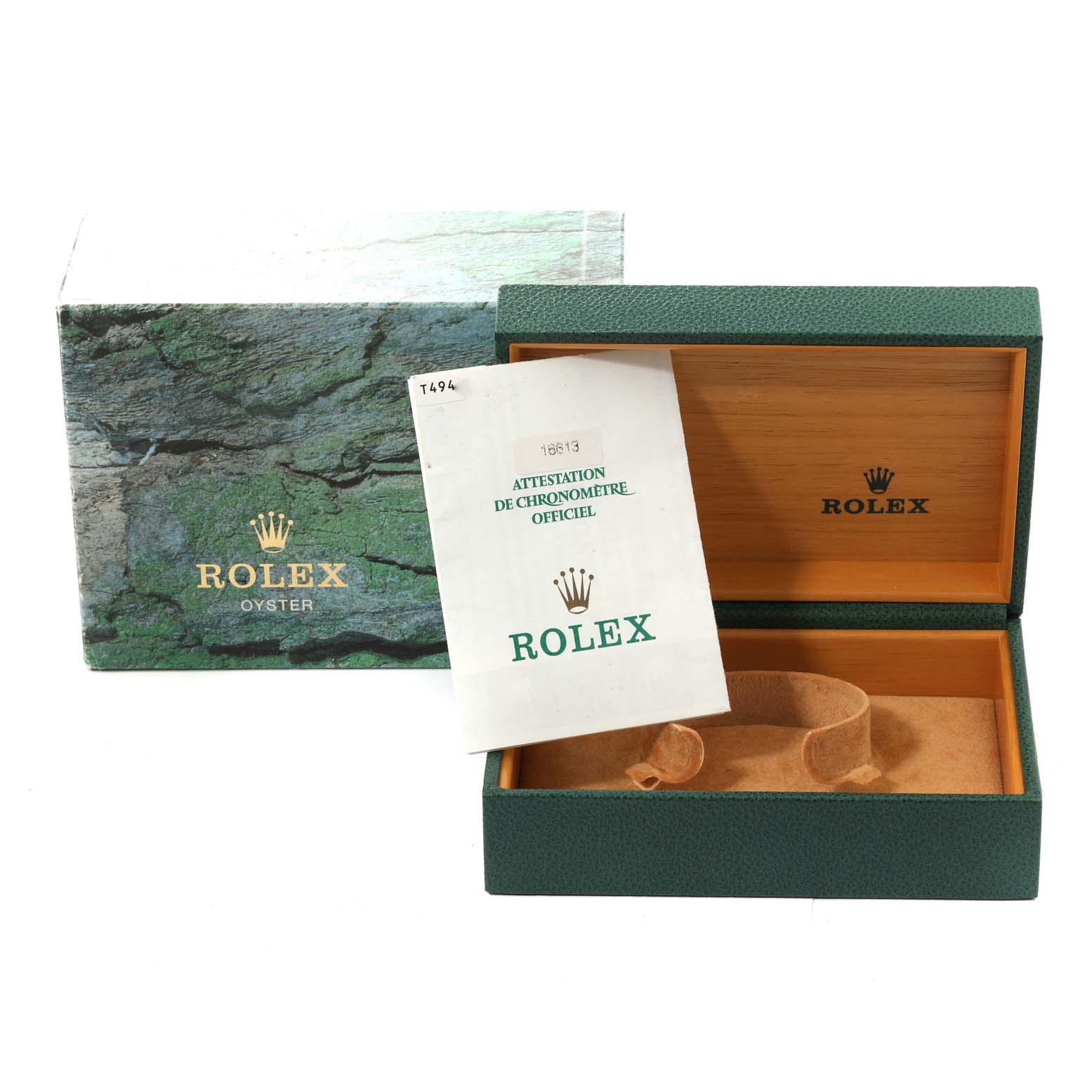 The image shows the packaging and certificate for a Rolex Submariner 16613 Men's Steel and Gold (two tone) Black Dial 16613 Men's Steel and Gold (two tone) Black Dial, including the outer box, inner case, and official chronometer certificate.