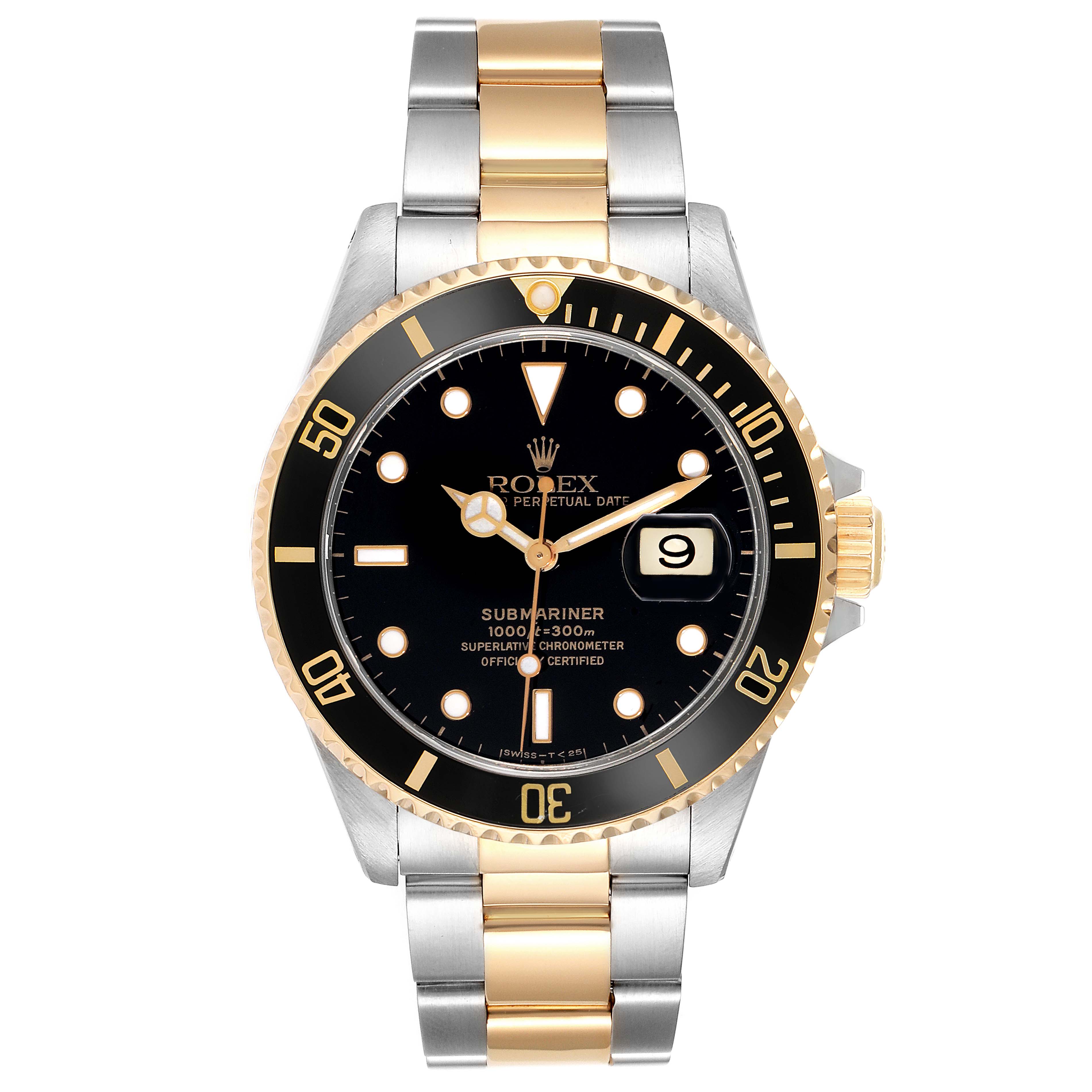 This image shows a front view of a Rolex Submariner 16613 Men's Steel and Gold (two tone) Black Dial 16613 Men's Steel and Gold (two tone) Black Dial watch, highlighting the face, bezel, and two-tone band.
