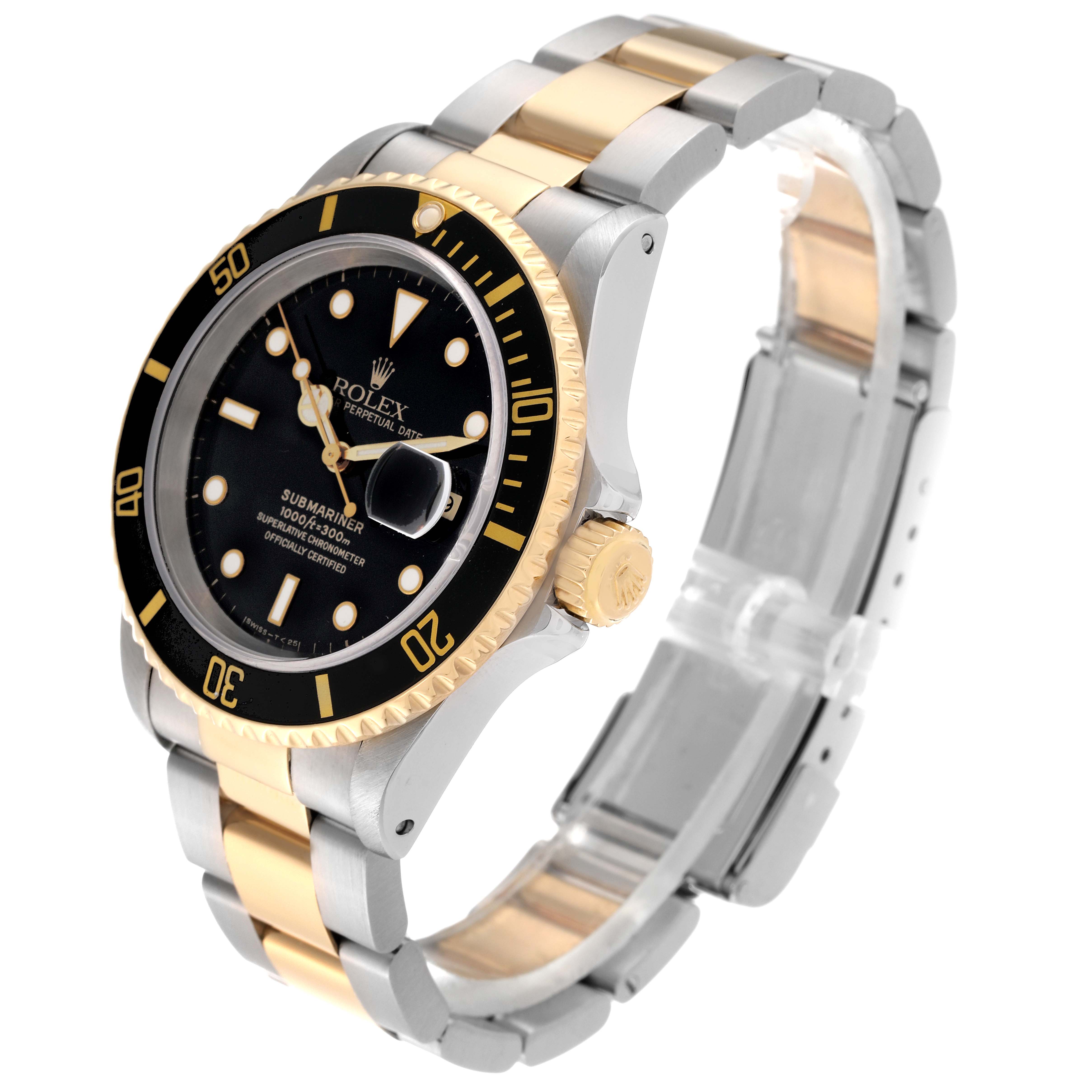 This image shows a side-angle view of the Rolex Submariner 16613 Men's Steel and Gold (two tone) Black Dial 16613 Men's Steel and Gold (two tone) Black Dial watch, highlighting the bezel, dial, and two-tone bracelet.