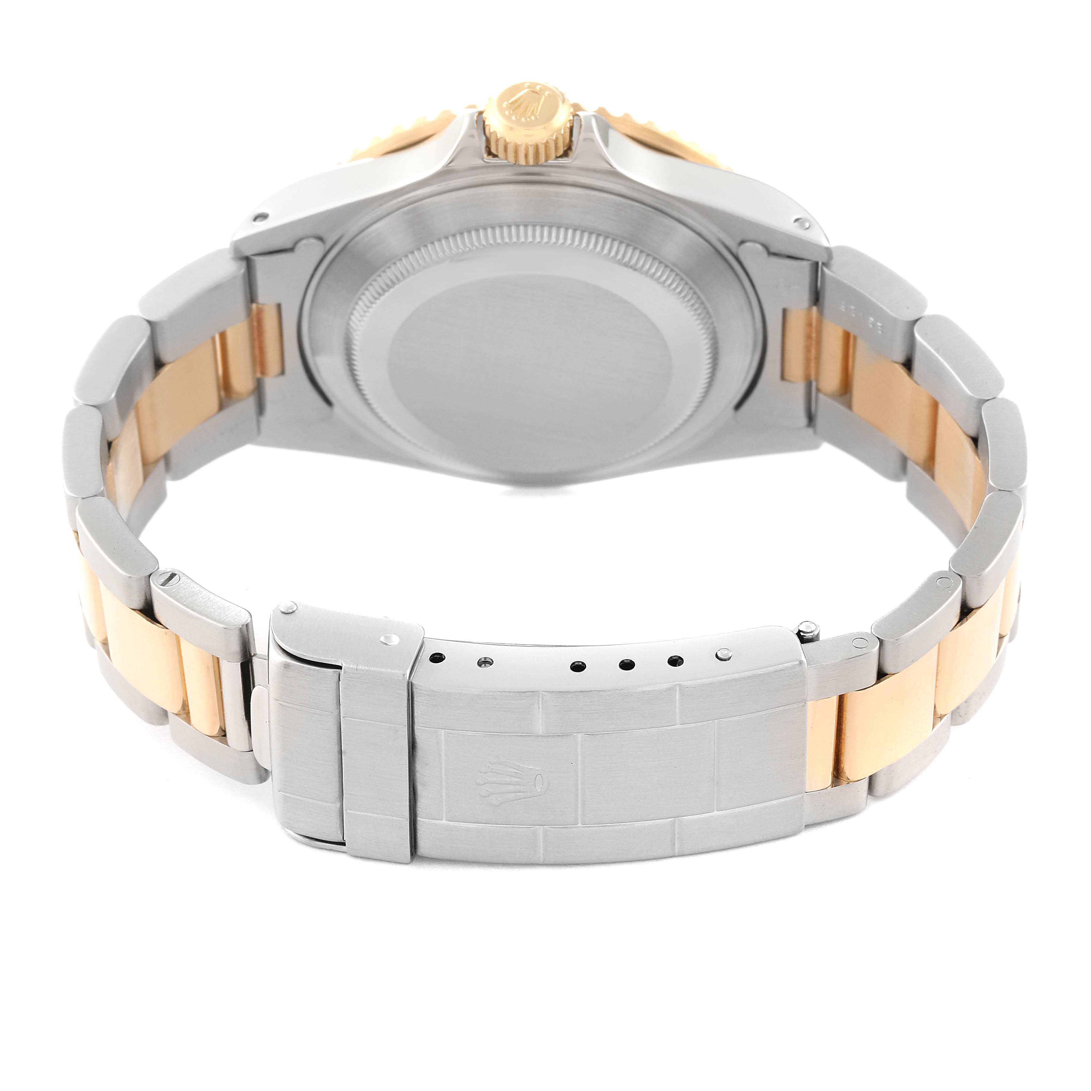 This image shows the back view of a Rolex Submariner 16613 Men's Steel and Gold (two tone) Black Dial 16613 Men's Steel and Gold (two tone) Black Dial watch, highlighting its clasp, bracelet, and case back.