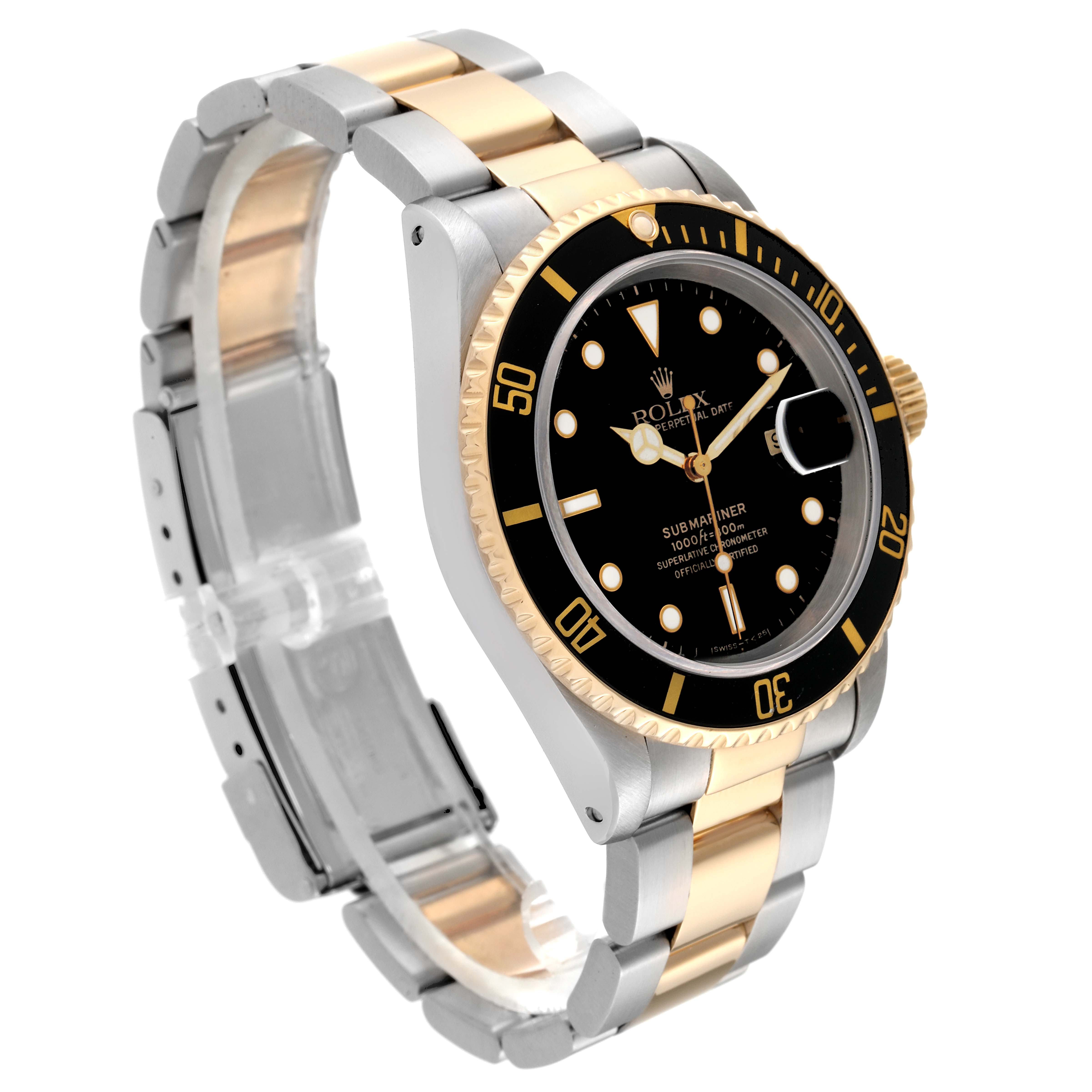 This Rolex Submariner 16613 Men's Steel and Gold (two tone) Black Dial 16613 Men's Steel and Gold (two tone) Black Dial watch is shown at an angle displaying its black dial, gold and silver two-tone bracelet, and unidirectional bezel.