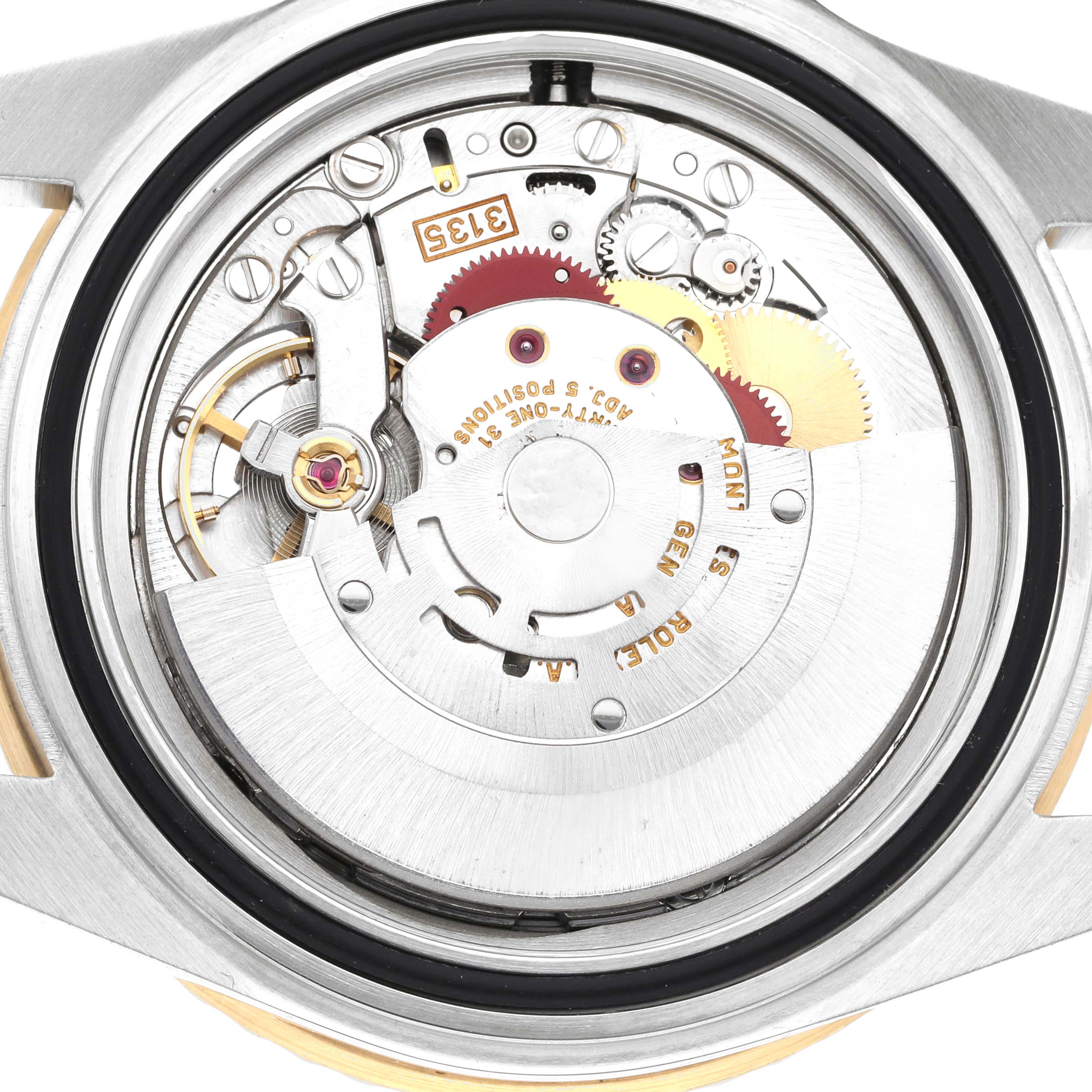 This image shows the internal mechanism of a Rolex Submariner 16613 Men's Steel and Gold (two tone) Black Dial 16613 Men's Steel and Gold (two tone) Black Dial watch from the back angle.