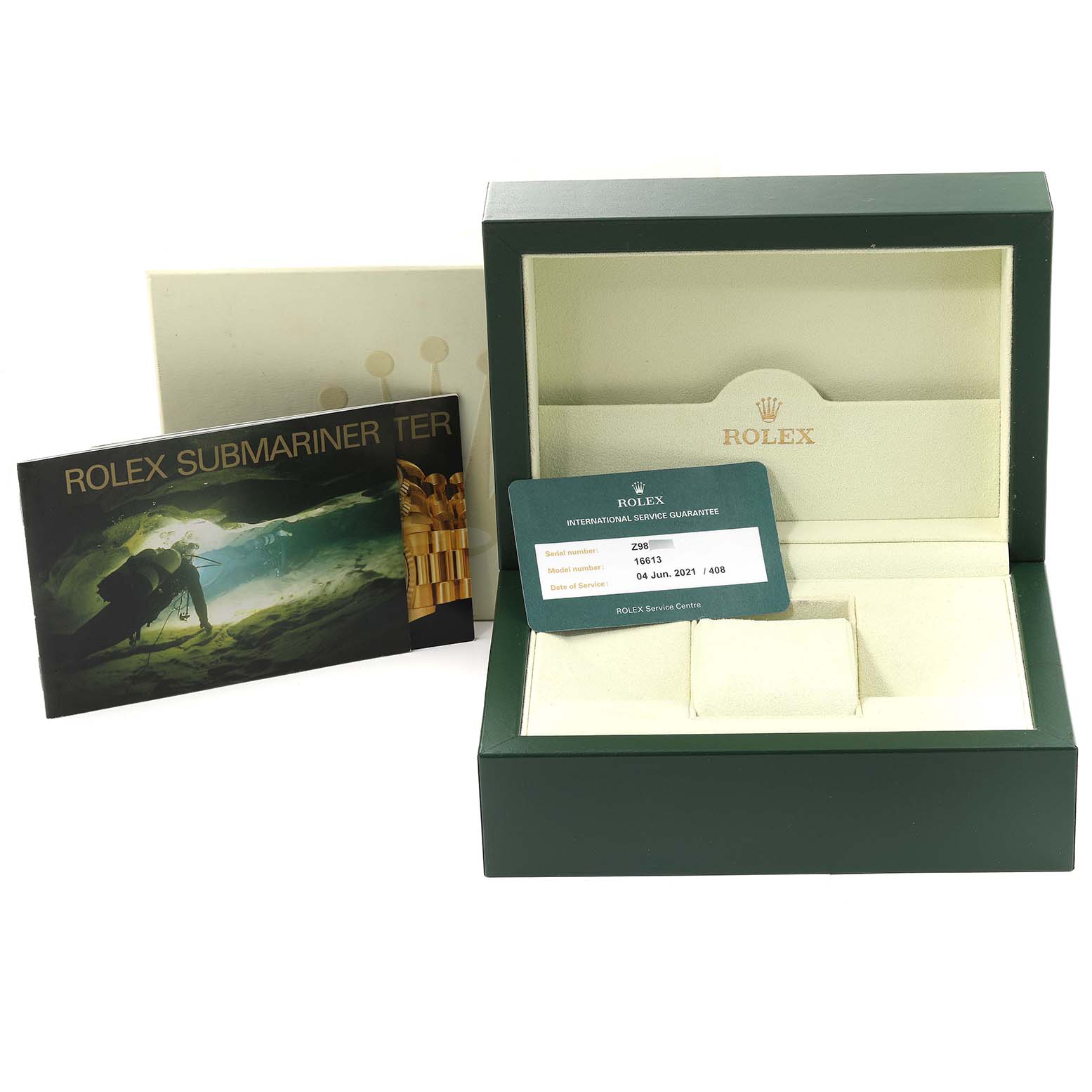 The image shows the packaging, warranty card, and booklet for the Rolex Submariner 16613 Men's Steel and Gold (two tone) Grey Dial 16613 Men's Steel and Gold (two tone) Grey Dial model, but not the watch itself.