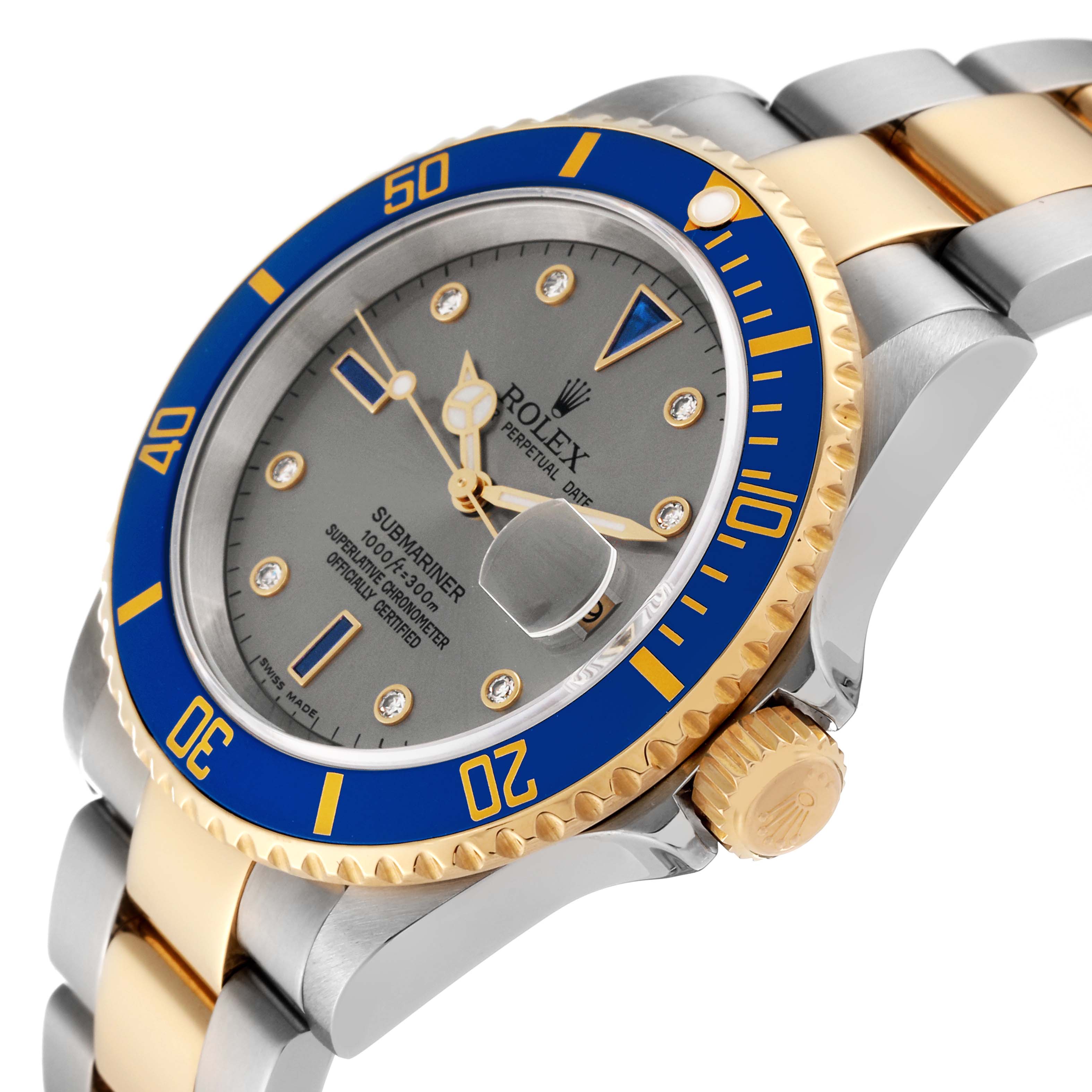 The Rolex Submariner 16613 Men's Steel and Gold (two tone) Grey Dial 16613 Men's Steel and Gold (two tone) Grey Dial watch is shown at an angled close-up, highlighting the dial, bezel, crown, and part of the bracelet.