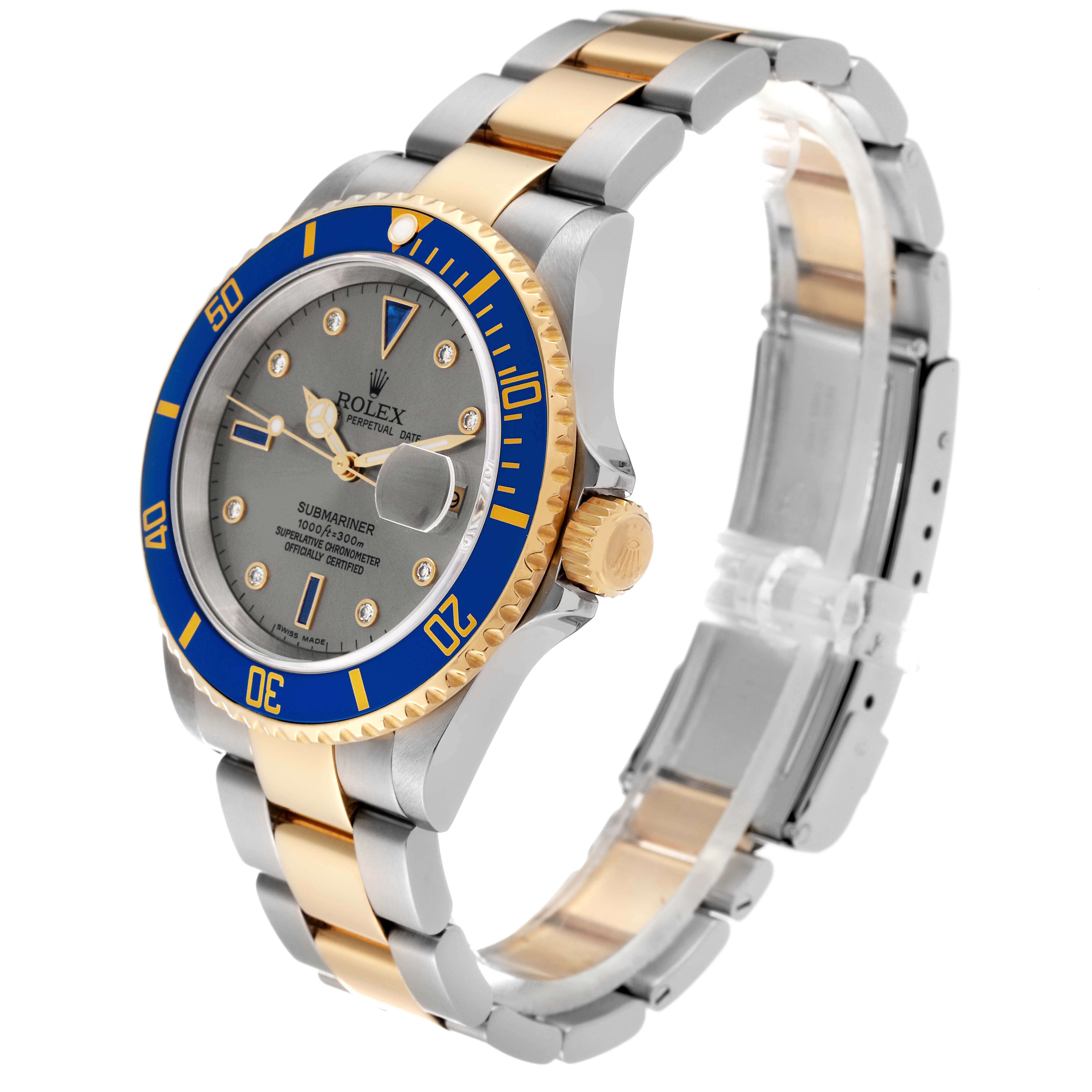 The image shows a side view of a Rolex Submariner 16613 Men's Steel and Gold (two tone) Grey Dial 16613 Men's Steel and Gold (two tone) Grey Dial watch, highlighting the bezel, crown, and the metal bracelet.
