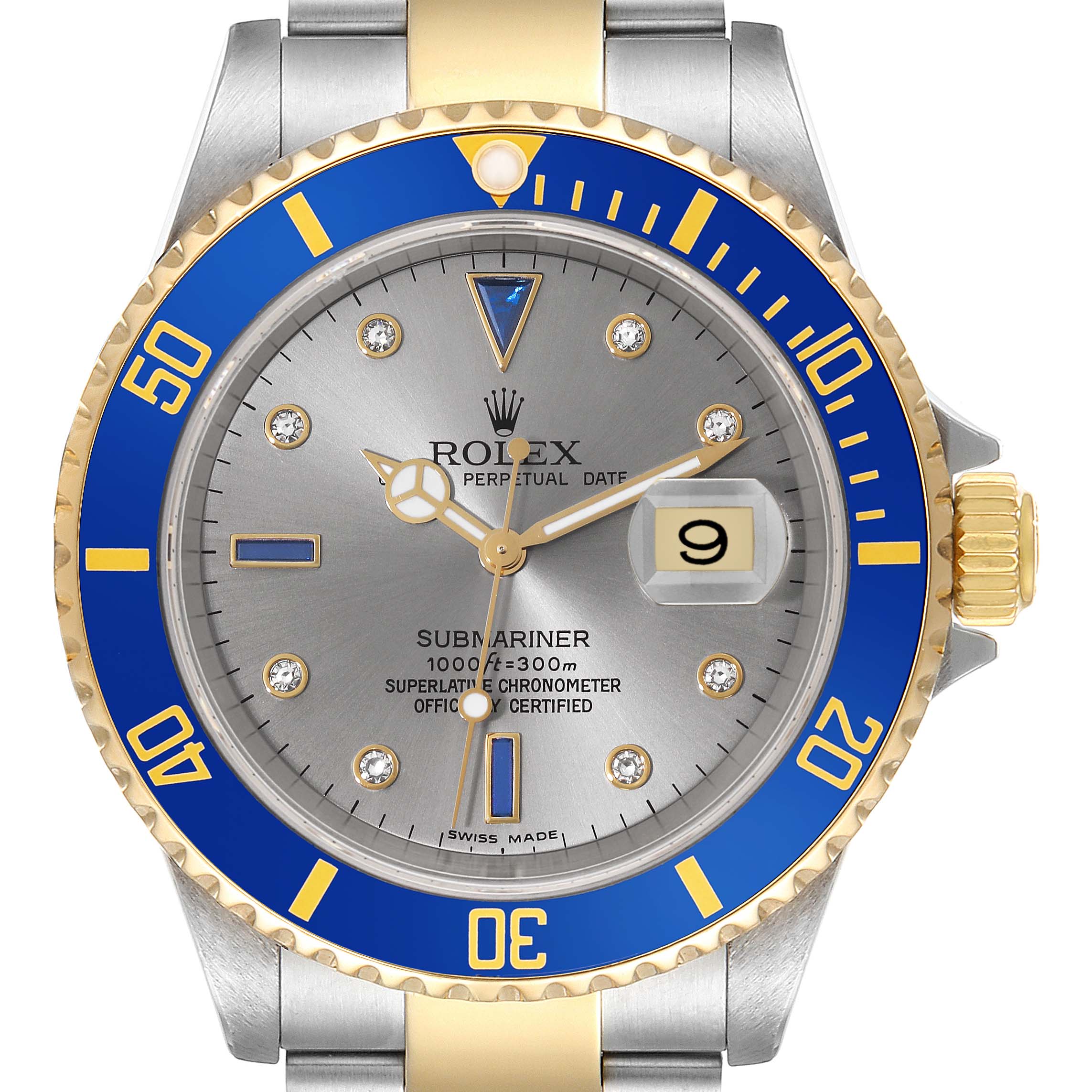 This is a front view of the Rolex Submariner 16613 Men's Steel and Gold (two tone) Grey Dial 16613 Men's Steel and Gold (two tone) Grey Dial watch, showing the bezel, dial, hands, and date window.