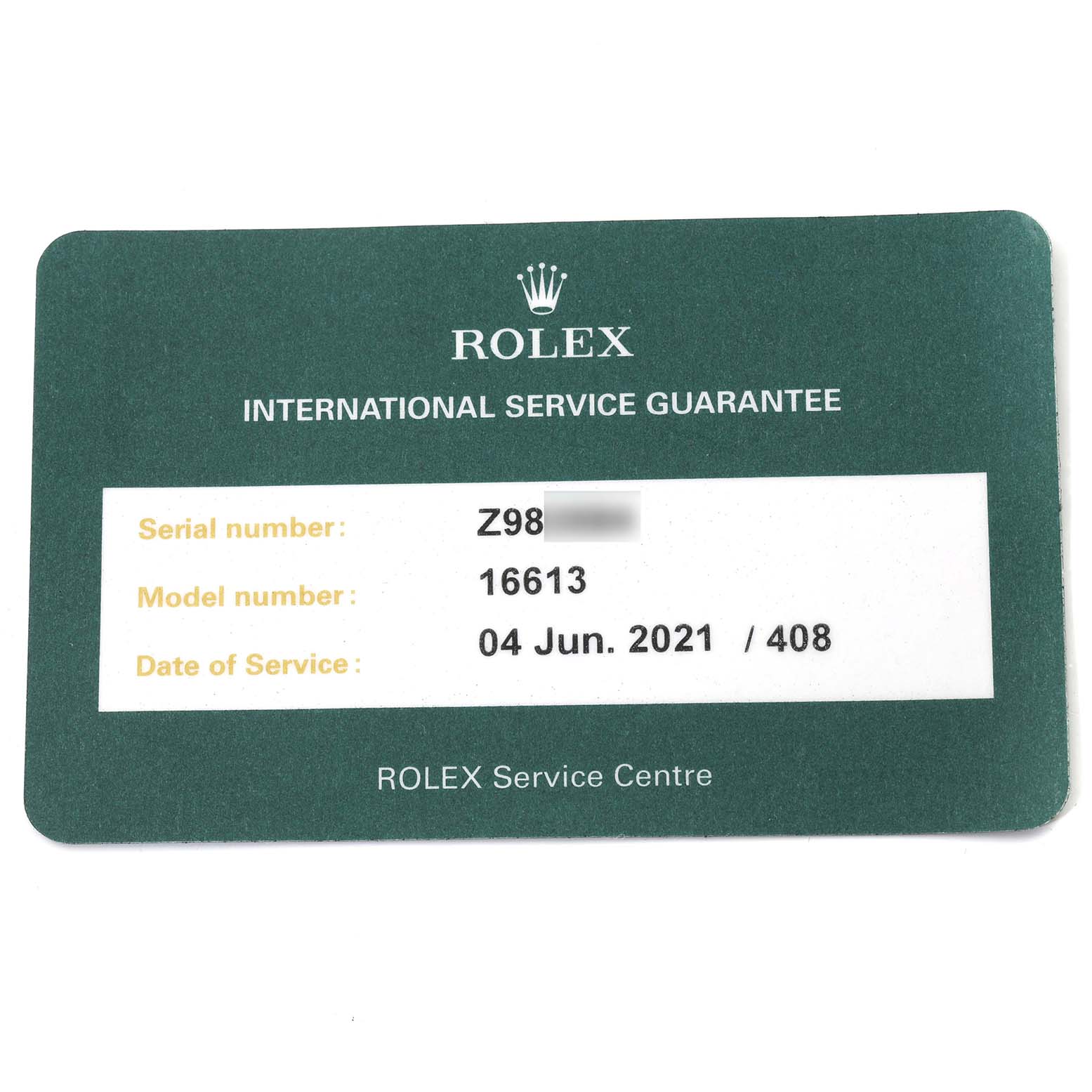 The image shows an International Service Guarantee card for a Rolex Submariner 16613 Men's Steel and Gold (two tone) Grey Dial 16613 Men's Steel and Gold (two tone) Grey Dial model 16613.