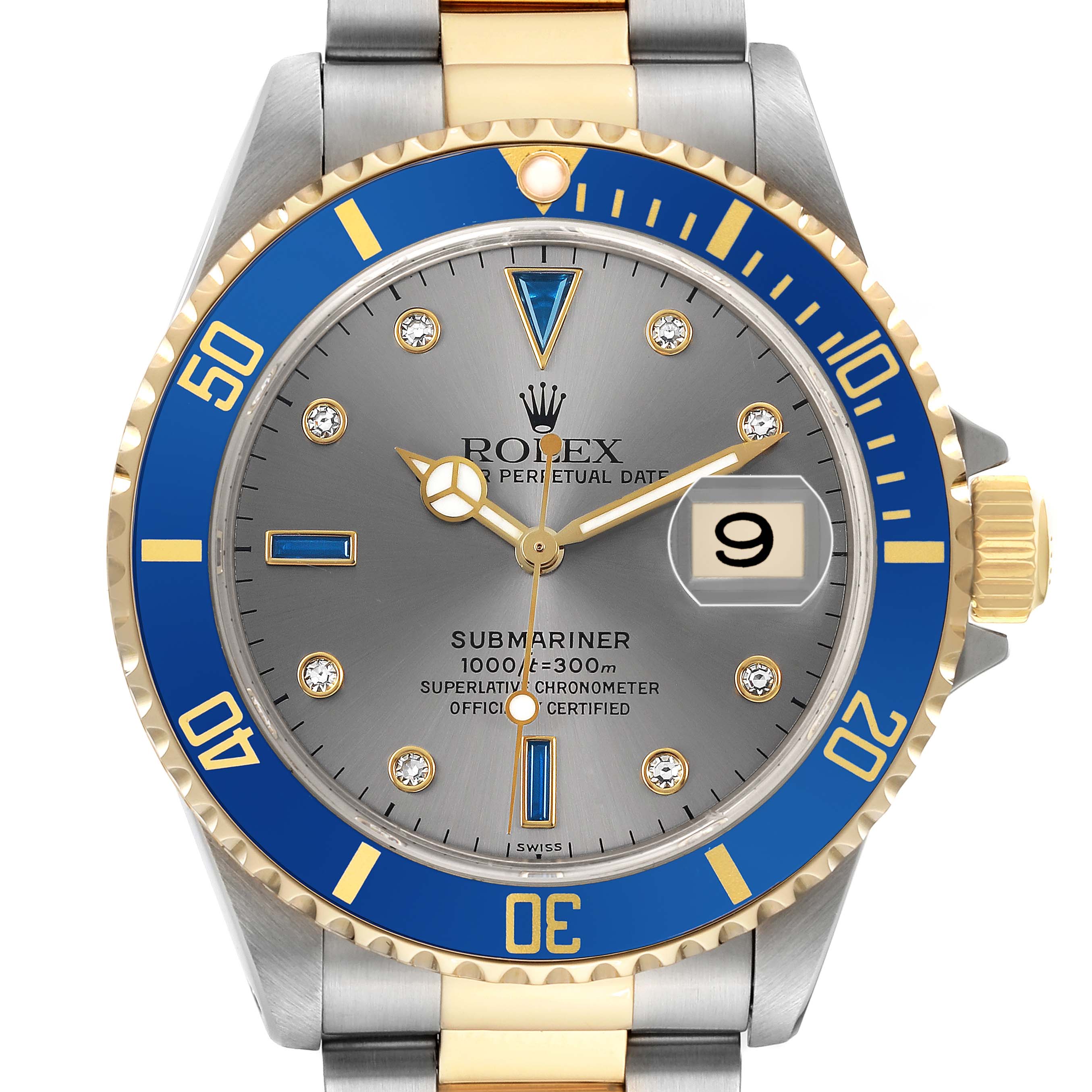 The Rolex Submariner 16613 Men's Steel and Gold (two tone) Champagne Dial watch is shown from the front, highlighting the bezel, dial, date window, and part of the bracelet.