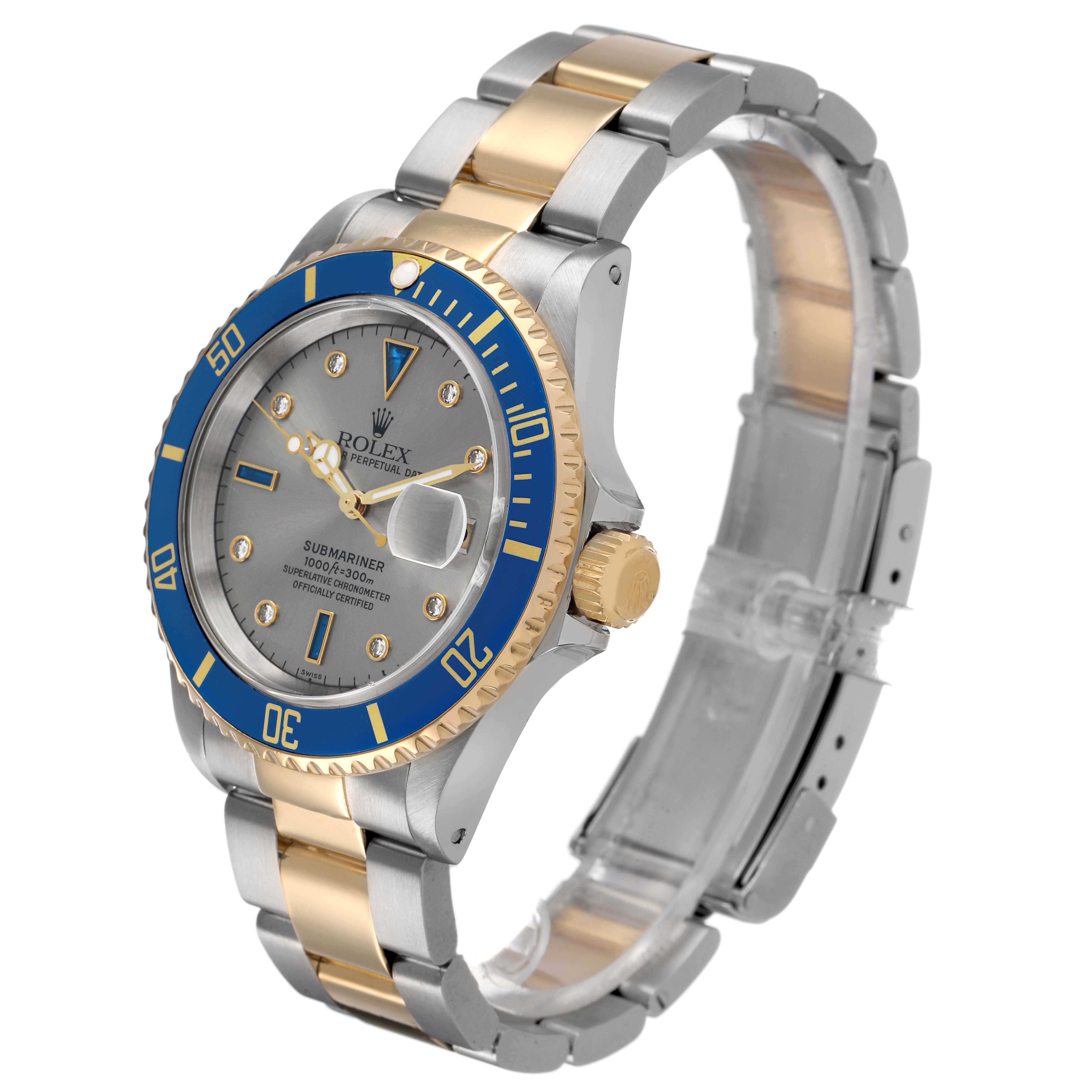 The Rolex Submariner 16613 Men's Steel and Gold (two tone) Champagne Dial is shown at a three-quarter angle highlighting the bezel, dial, crown, and two-tone bracelet.